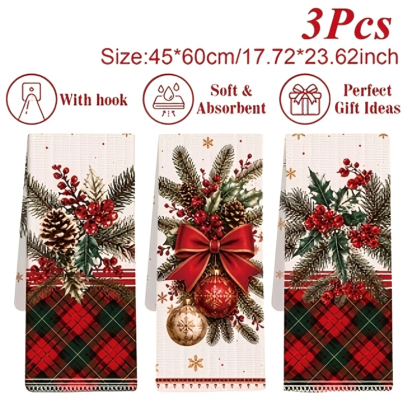 TEMU Lot de 3, Torchons de Noël, Branches de Pin, Nœud et Feuilles de Houx, Chiffons de Nettoyage à Carreaux, et Absorbants, Décoration Parfaite pour