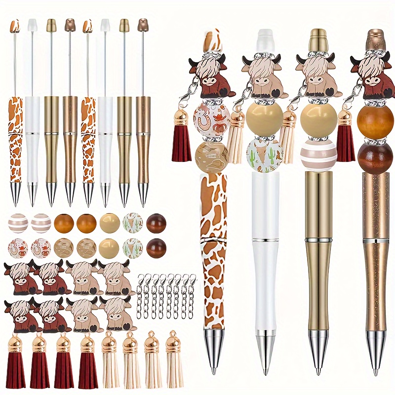 

72pcs Western Cowboy Ballpoint Pen Beading Kit With Wooden Spacers & Tassel Charms - Diy Craft Set For Customizable Instruments, 1mm