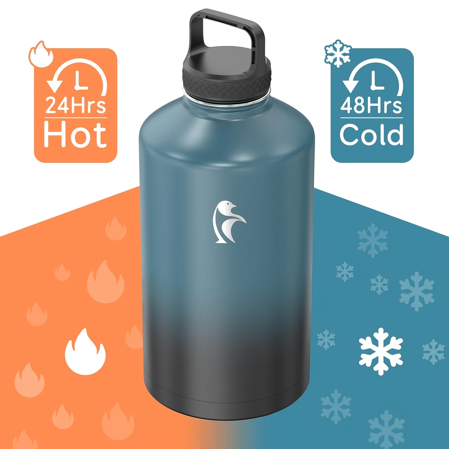 1pc Bouteille d'eau d'un gallon isolée avec paille et 3 couvercles, 128 oz grande carafe d'eau en acier inoxydable à double paroi sous vide à large ouverture pour le sport, la salle de sport ou le bureau, sans BPA, garde le froid pendant 48 heures et le chaud pendant 24 heures, bleu noir/noir