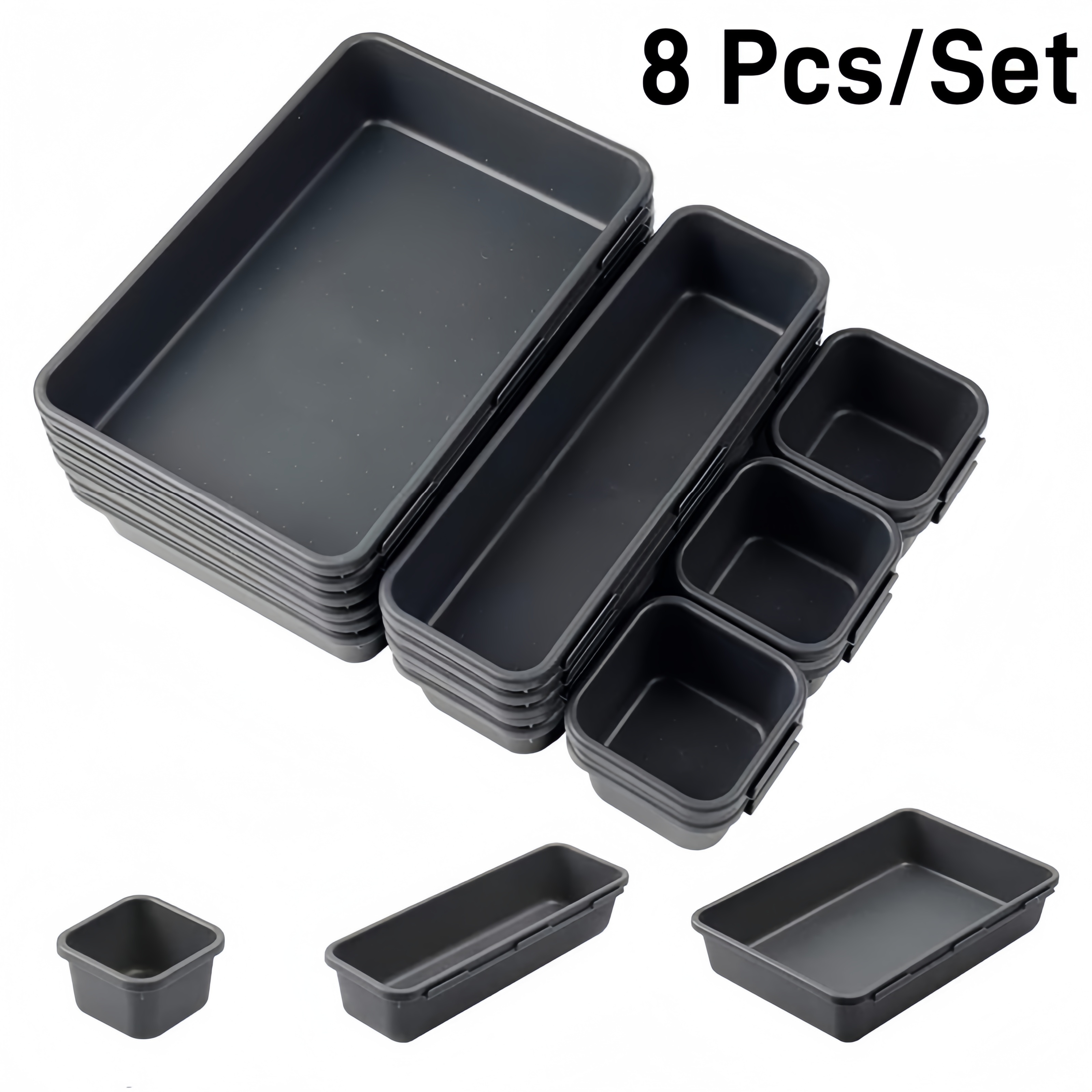 

8pcs Black Plastic Drawer Organizer Set - Storage Boxes For Kitchen Utensils, Medicine, Office Supplies, Makeup & Small Items - , Stackable Design In Sizes, Kitchen Drawer Organizer