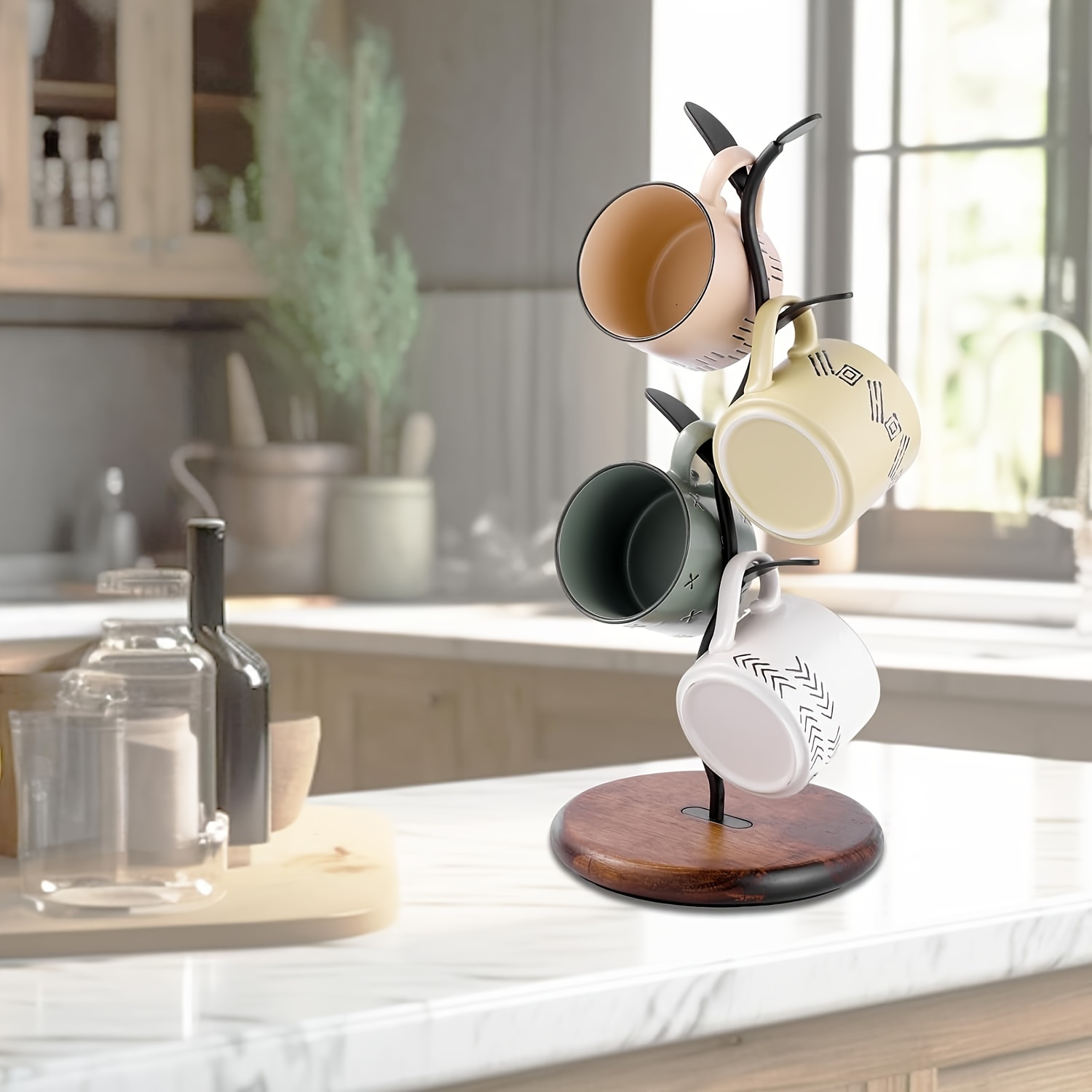 E-ROOM TREND Mug Holder Tree, Wooden Coffee Cup Rack With 6 Hooks, Natural Color Stand For Countertop, Coffee Bar Accessories & Decor