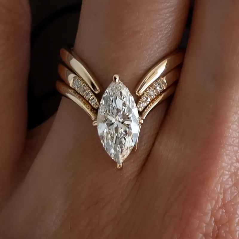 E-shop YOYO Damen Ehering – Marquise & Rundschliff Synthetischer Zirkonia Ring in KC Goldoptik (Vergleichbar mit ) – Beleibter Luxus-Schmuck für