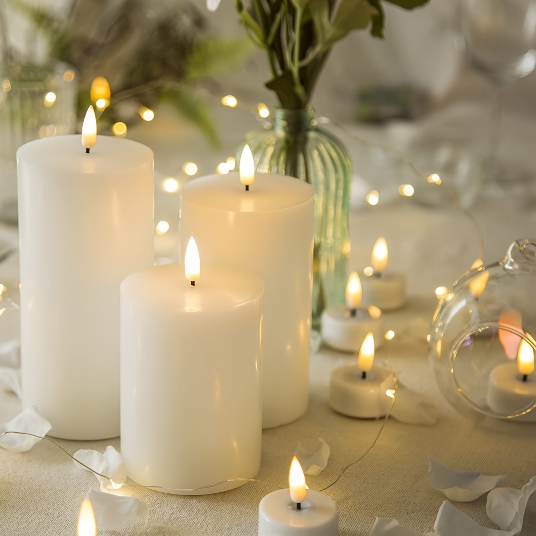 

3 Pack White Flameless Pillar Candles With Remote Control, Plastic Flickering Led Battery Candles Suitable For Dining Room, Living Room, Wedding, Holiday Celebration