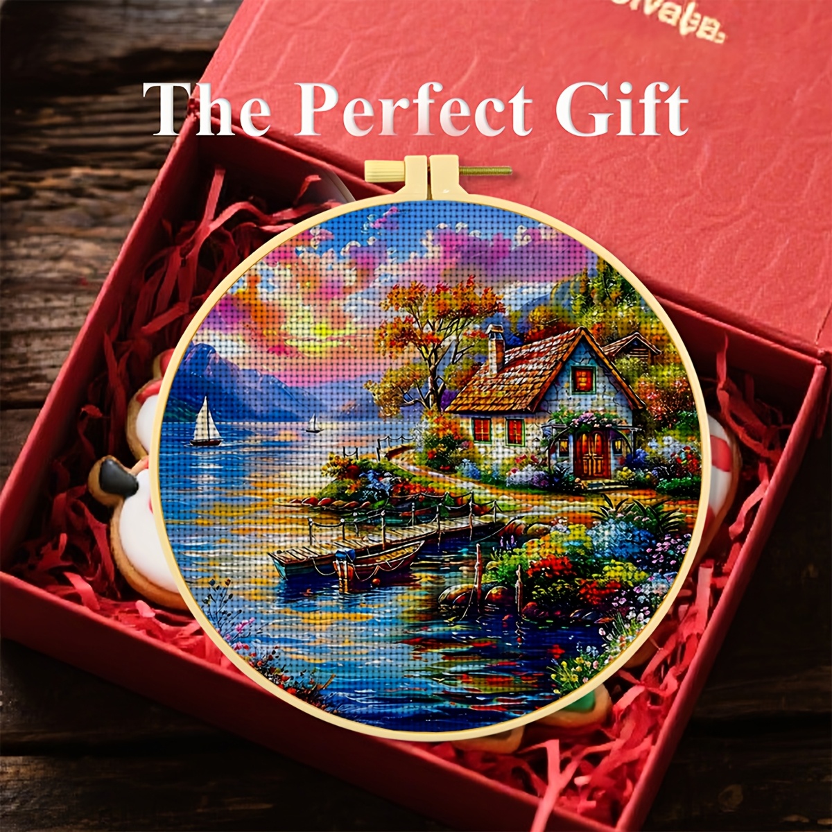 Round Cross Stitch Printed Kit with Hoop, Red Roof Cottage Pattern