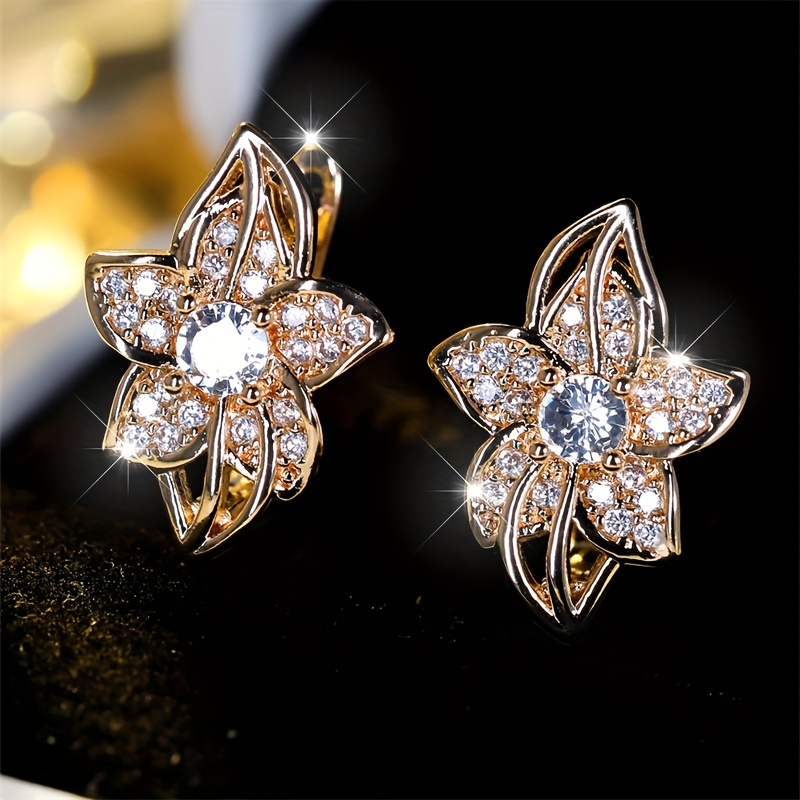 Image of 1 Pair Luxury Golden Silvery Flower Earrings For Women Vintage Zirconia Bride Wedding Jewelry Valentine's Day Party Gifts