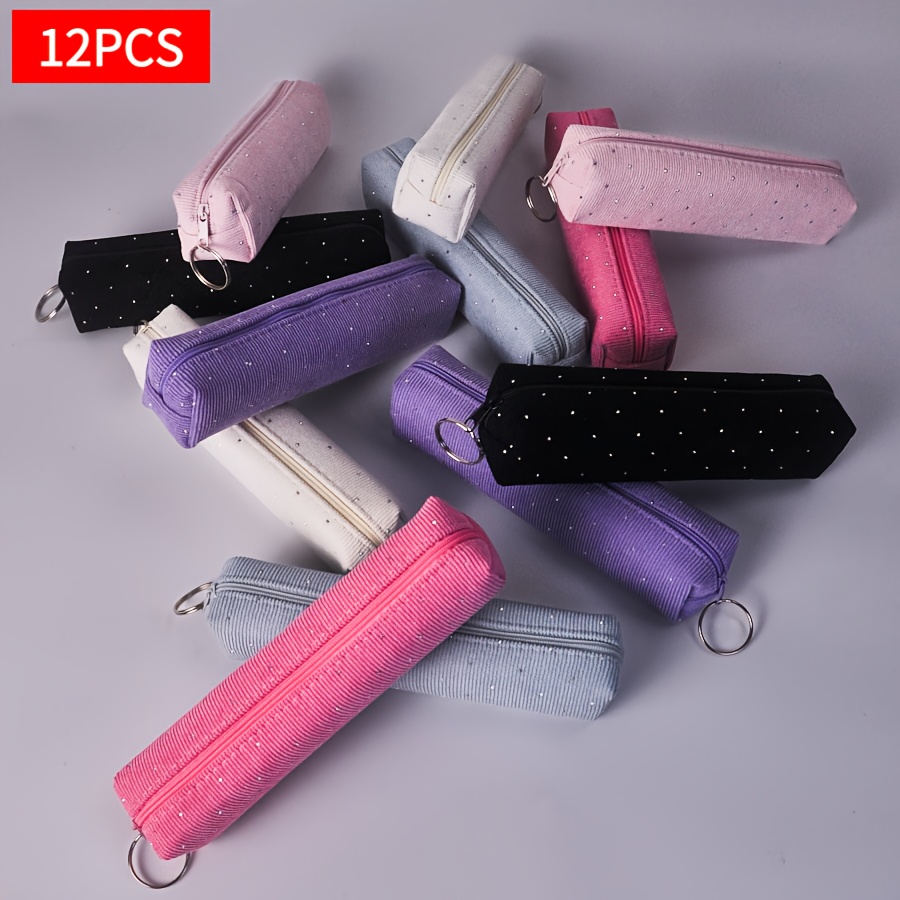 Image of Pencil Case, 12pcs Corduroy Silvery Sparkles Style Stationery Bag, Stylish Pencil Box, Portable Storage Pouch, Suitable For College Students, Holiday Gift, Small Item Organizer For The Desk