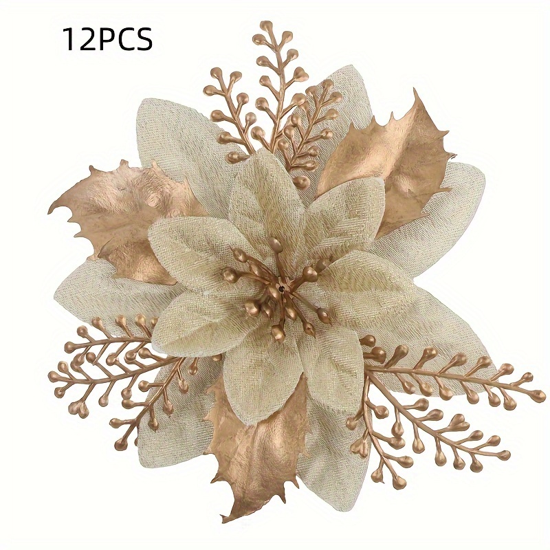 TEMU 12pcs Christmas Decorations, Gold And Silvery Christmas Flowers Pendant, 3 Gold Powder Christmas Flowers, Christmas Tree Wreath Decorations, Hotel Home Decoration Plastic Flowers