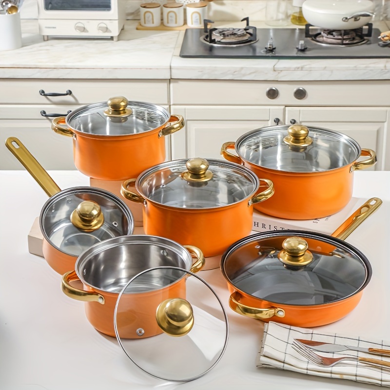 TEMU 12 Pcs Stainless Steel Cookware Set, Pots And Pans Set Non Stick, Kitchen Orange Cookware Sets, Pot And Pan Set, Cookware Set, Non Cookware Set,