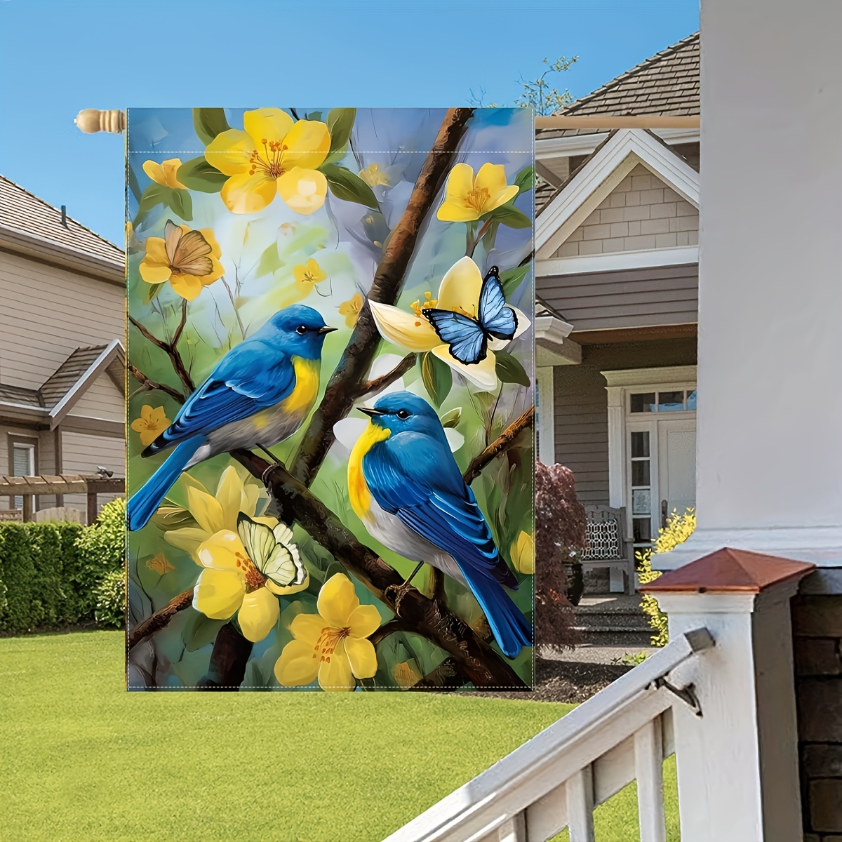 

1pc Polyester Summer Garden Flag With Bluebirds And Yellow Flowers - Double-sided, No-electricity Required, Decorative Outdoor Flag For Garden And Front Porch, 12x18 Inches