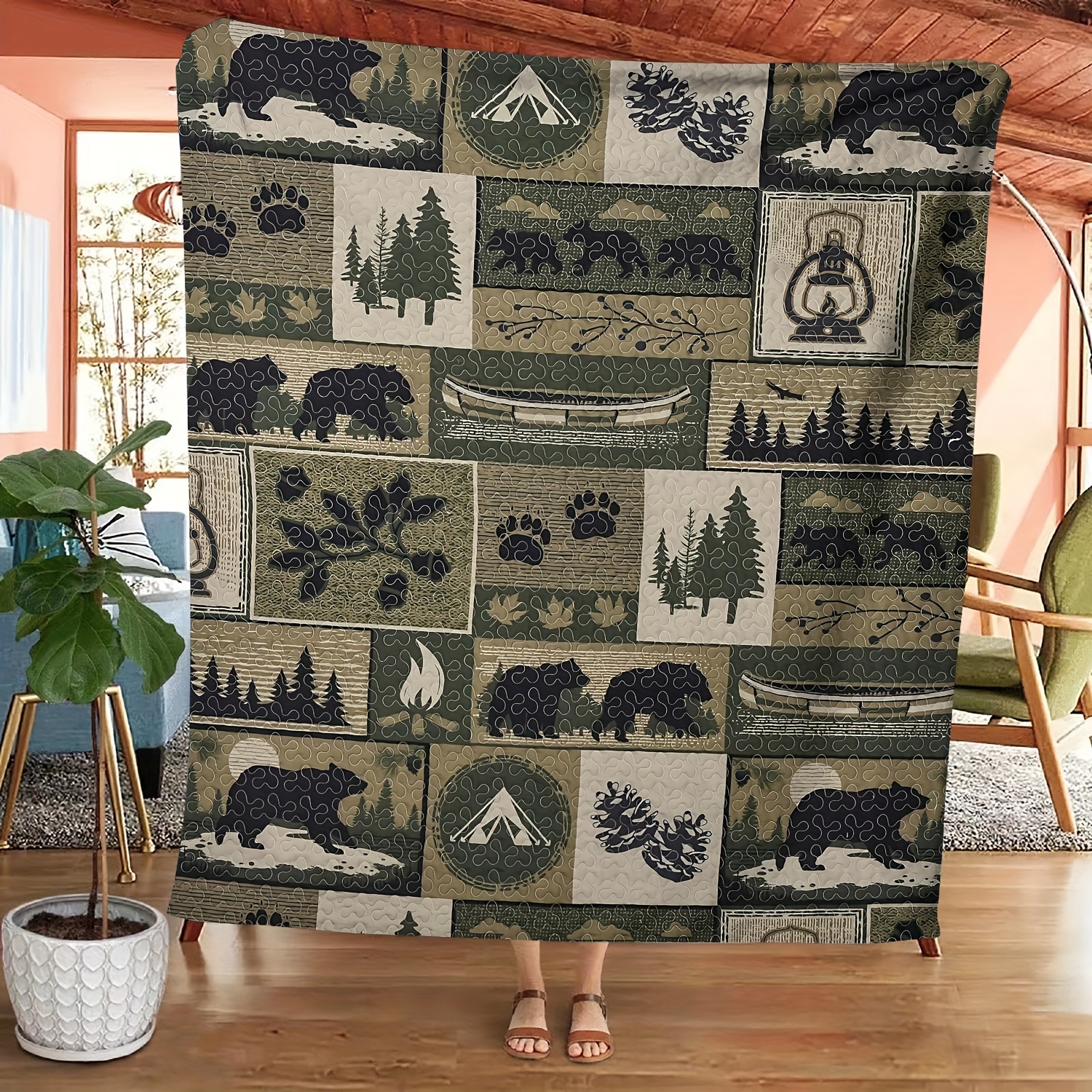 

Style Knitted Polyester Throw Blanket - Cozy Soft Flannel All-season Wilderness Bear Paw And Forest Patchwork Design