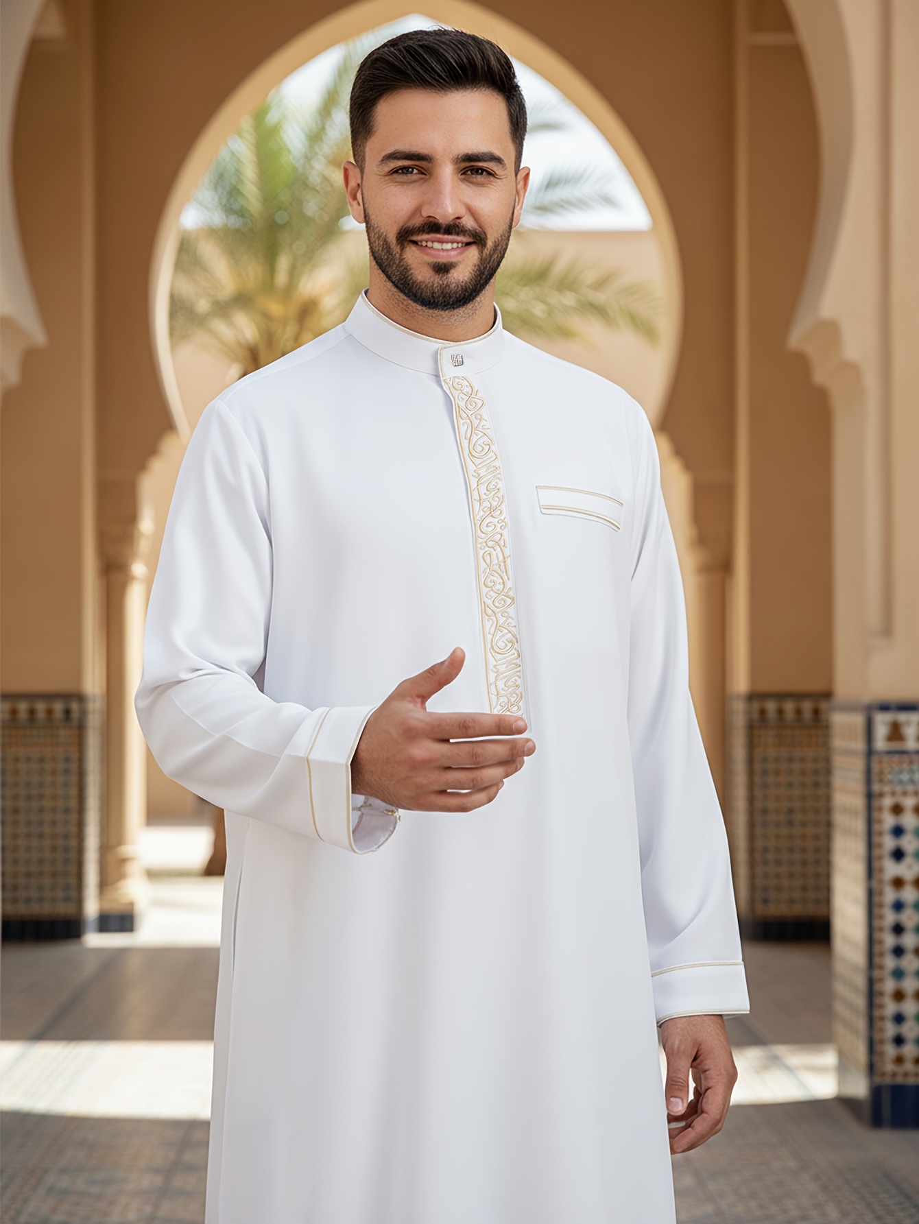Color: White A Men’S Traditional Cultural Clothing Arab Islamic Stand-Up Collar Golden Embroidery Men’S Robe Four Seasons Eid Al-Fitr Eid Al-Adha Qurban Festival Traditional Festival Arab Robe Clothing Only Sells Tops