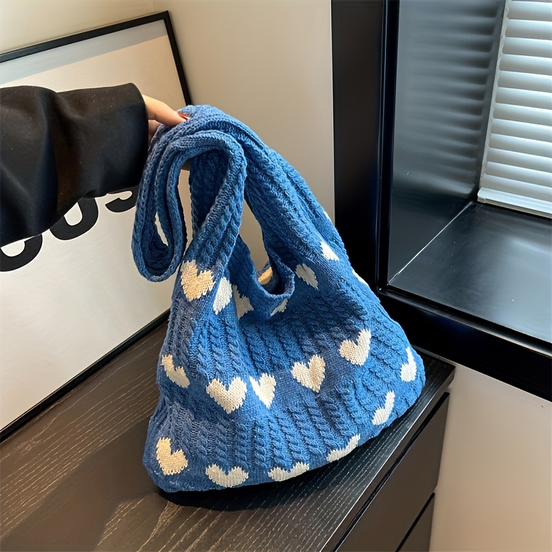 TEMU A Valentine's Day Women's Knitted Shoulder Bag, A Trendy Heart-patterned Tote Bag Suitable For Travel, Shopping, And Casual