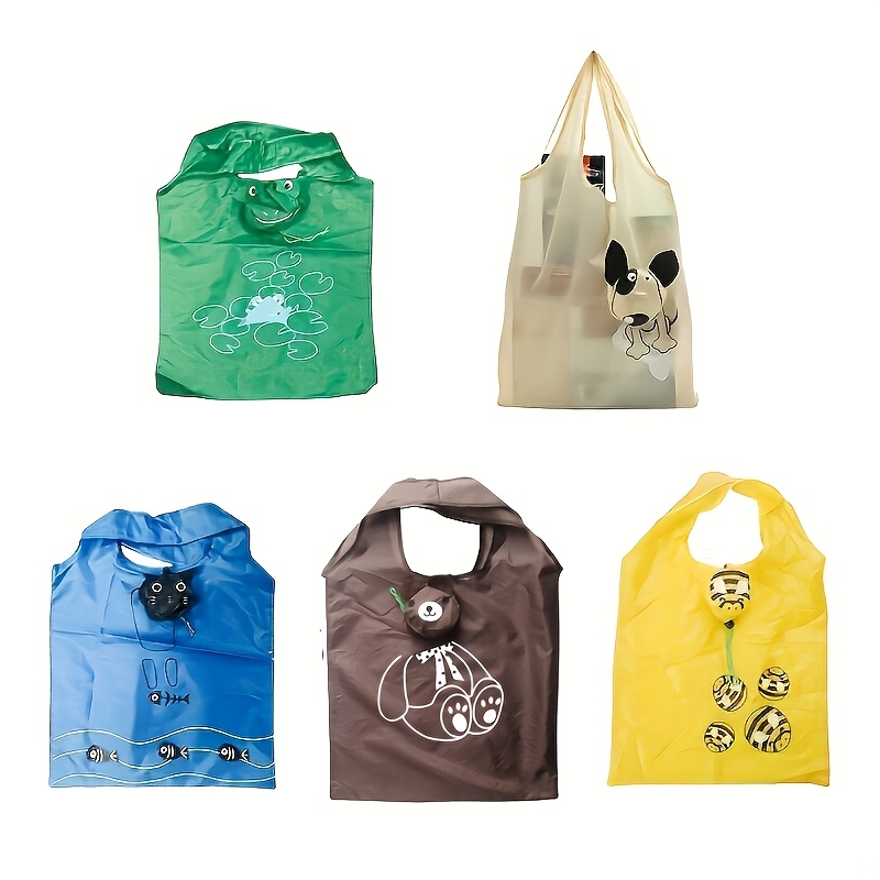 Image of 5pcs Cute Animal Pattern Shopping Bags, Reusable Grocery Bags, Bags, Foldable And Lightweight, Machine Washable, For Women' Storage Of Groceries And Shopping Supplies, Kitchen Supplies Storage