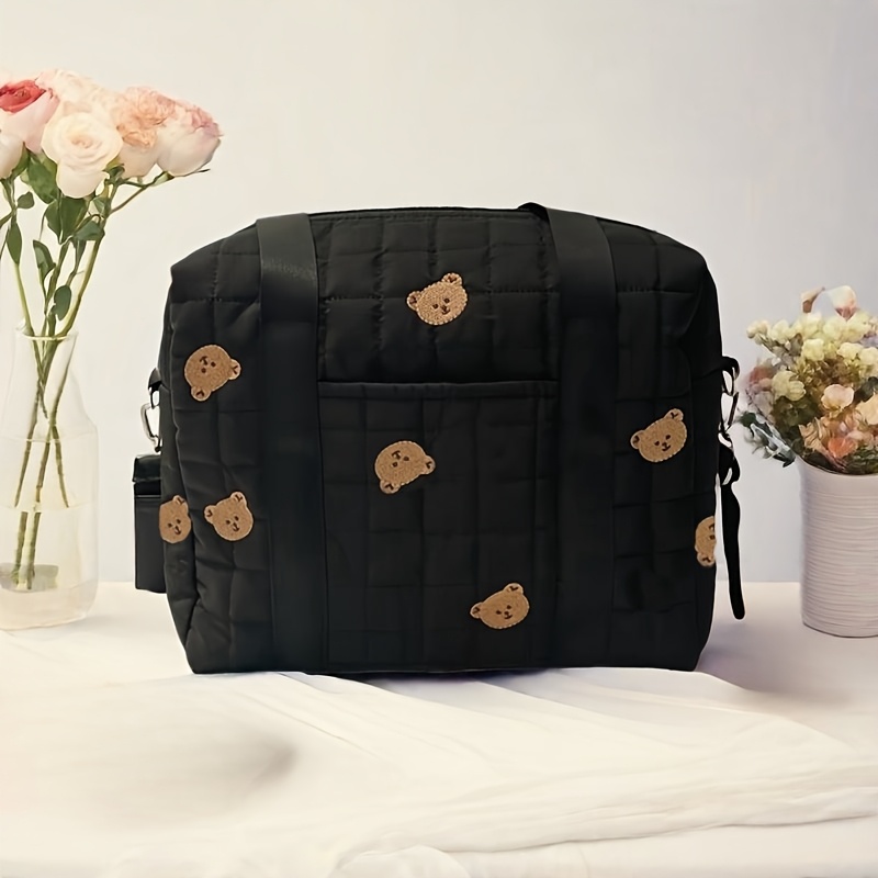 E-shop Schicke Schwarze Bestickte Eltern-Tasche mit & Doppelhaken - Tragbarer Windel- & Zubehör-Organizer, Langlebiges Polyester, für Alle Jahreszeiten