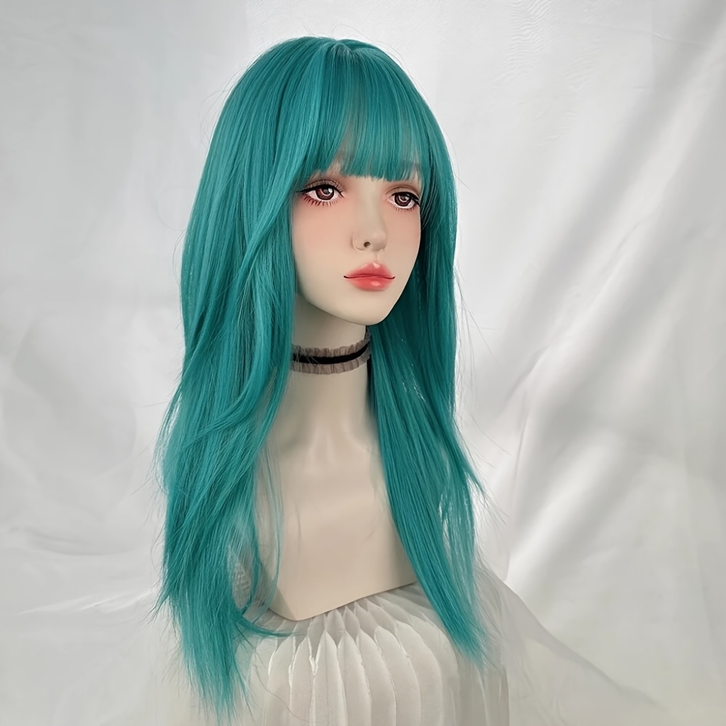 synthetic long blue women wig bangs lolita - Temu