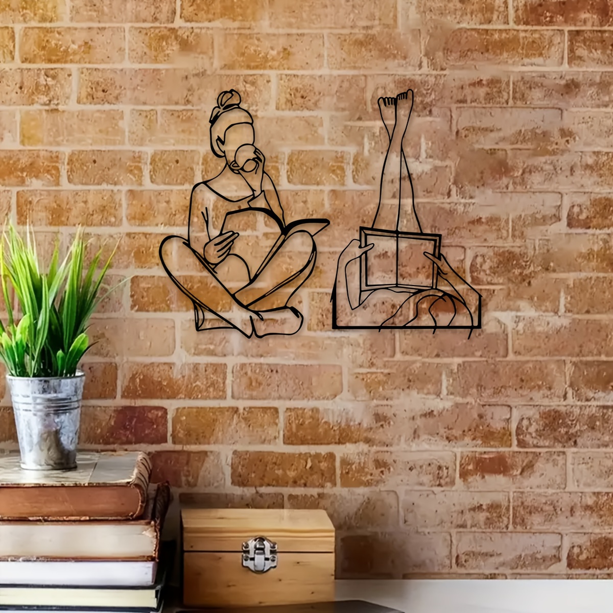 Image of 2pcs Beauty Casual Reading Books Metal Wall Art, Metal Wall Signs, Decor Vintage Metal Hanging Jewelry, Bar Kitchen Coffee Signs For Living Room Living Room Office Decoration