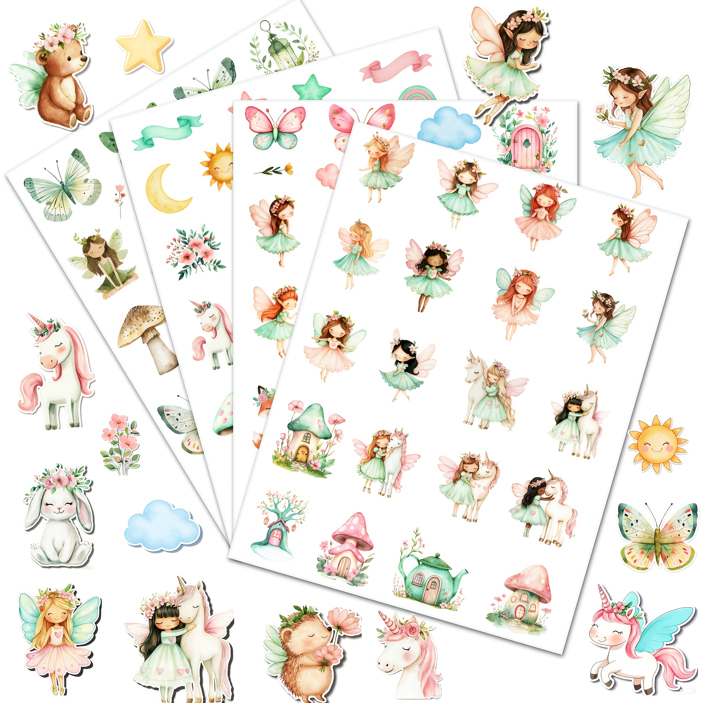 Image of 4 Sheets Fairy Self-adhesive Stickers Roll Watercolor Flower Mushroom Self-adhesive Notebook Sticker Decals For Party Envelopes Cards Diy Different Patterns Stickers