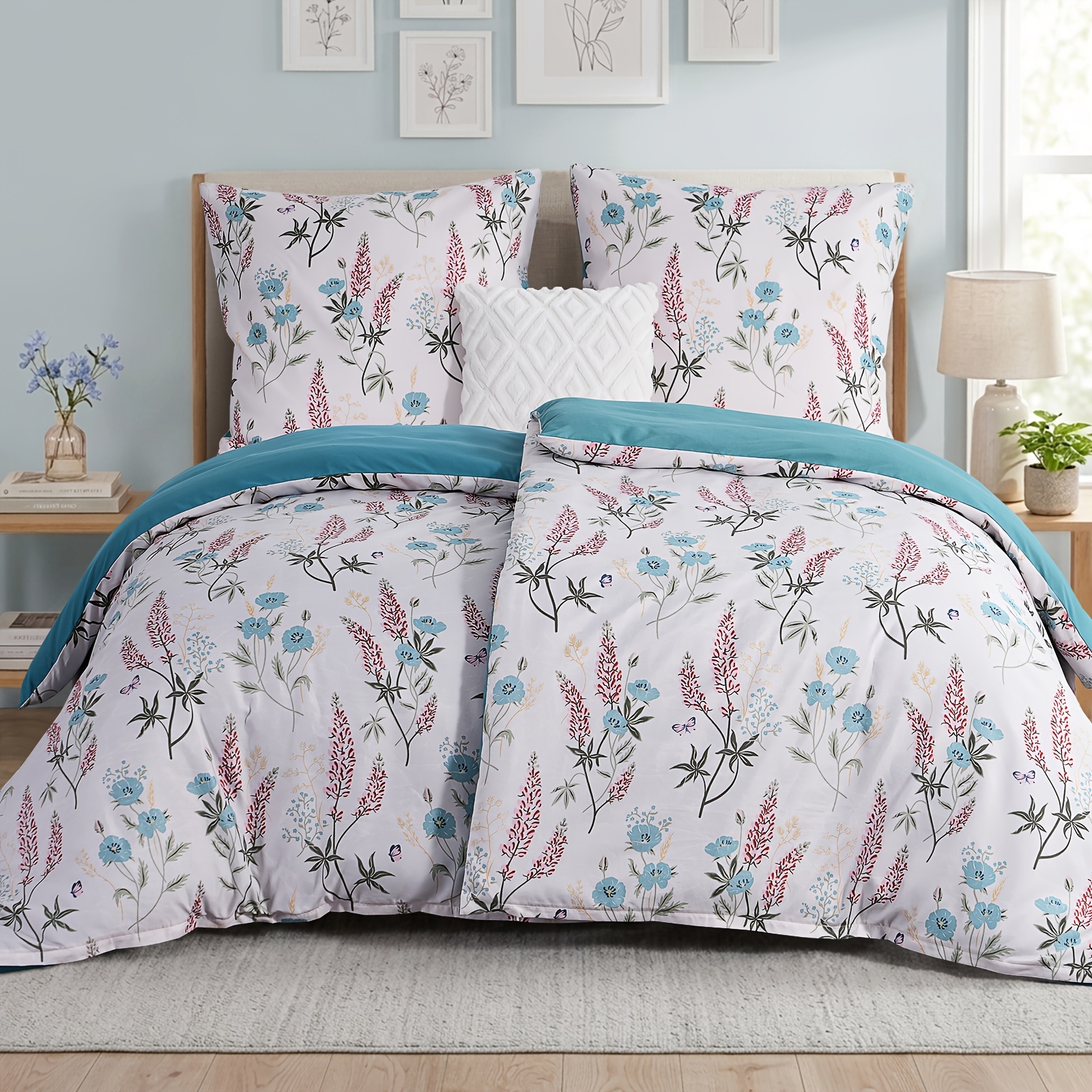 Image of Bedding 135x200 Cm, 4pcs, Duvet Cover - Bedding 135 X 200 Cm, Floral Pattern, With 2 Pillowcases 80x80 Cm, 2pcs Duvet Cover With Zipper, Non-iron And Soft