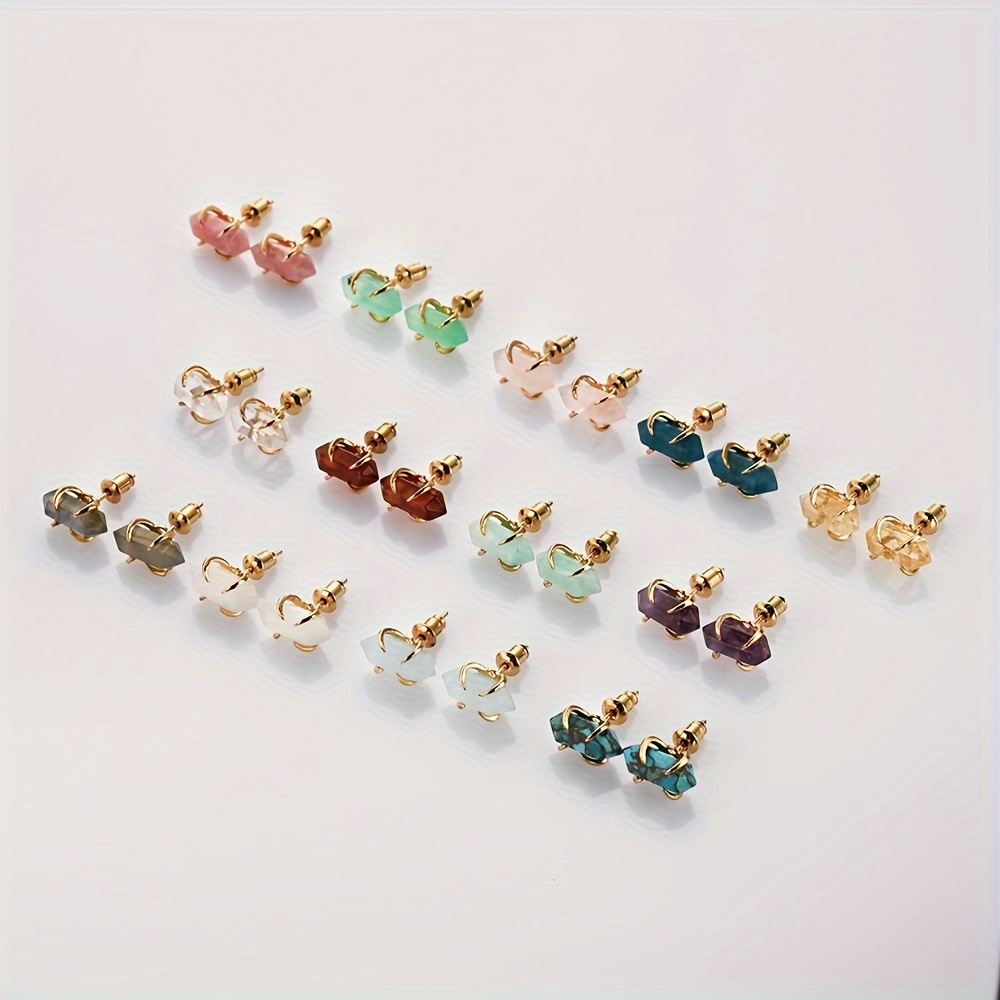 Natural Stone Hexagonal Prong-Set Stud Earrings