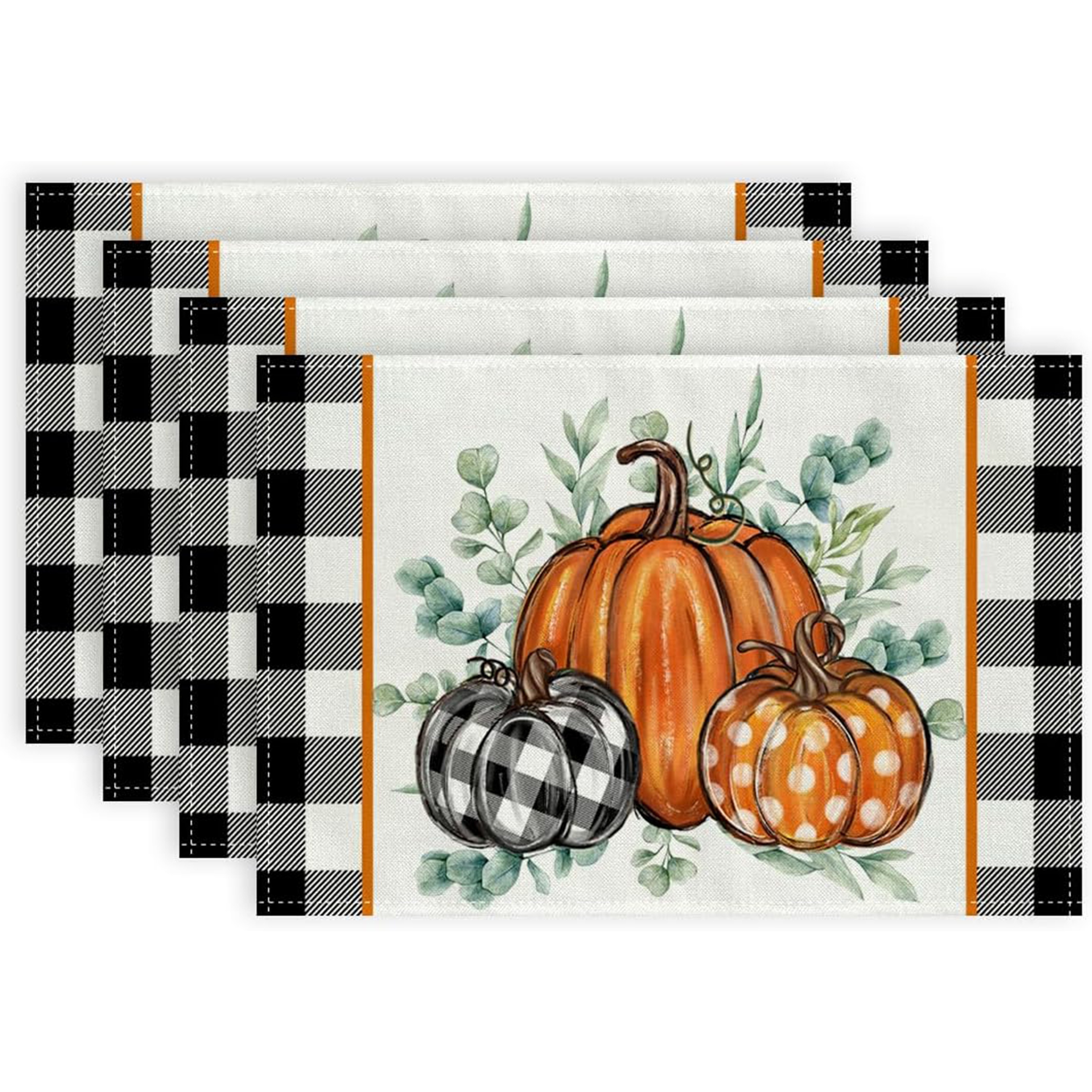 

Fall Thanksgiving Placemats Set Of 4 - Pumpkin Eucalyptus Linen Table Mats 12x18", Woven Checkered, Hand Wash, Rectangle Shape For Autumn Seasonal Farmhouse Decor Indoor Outdoor