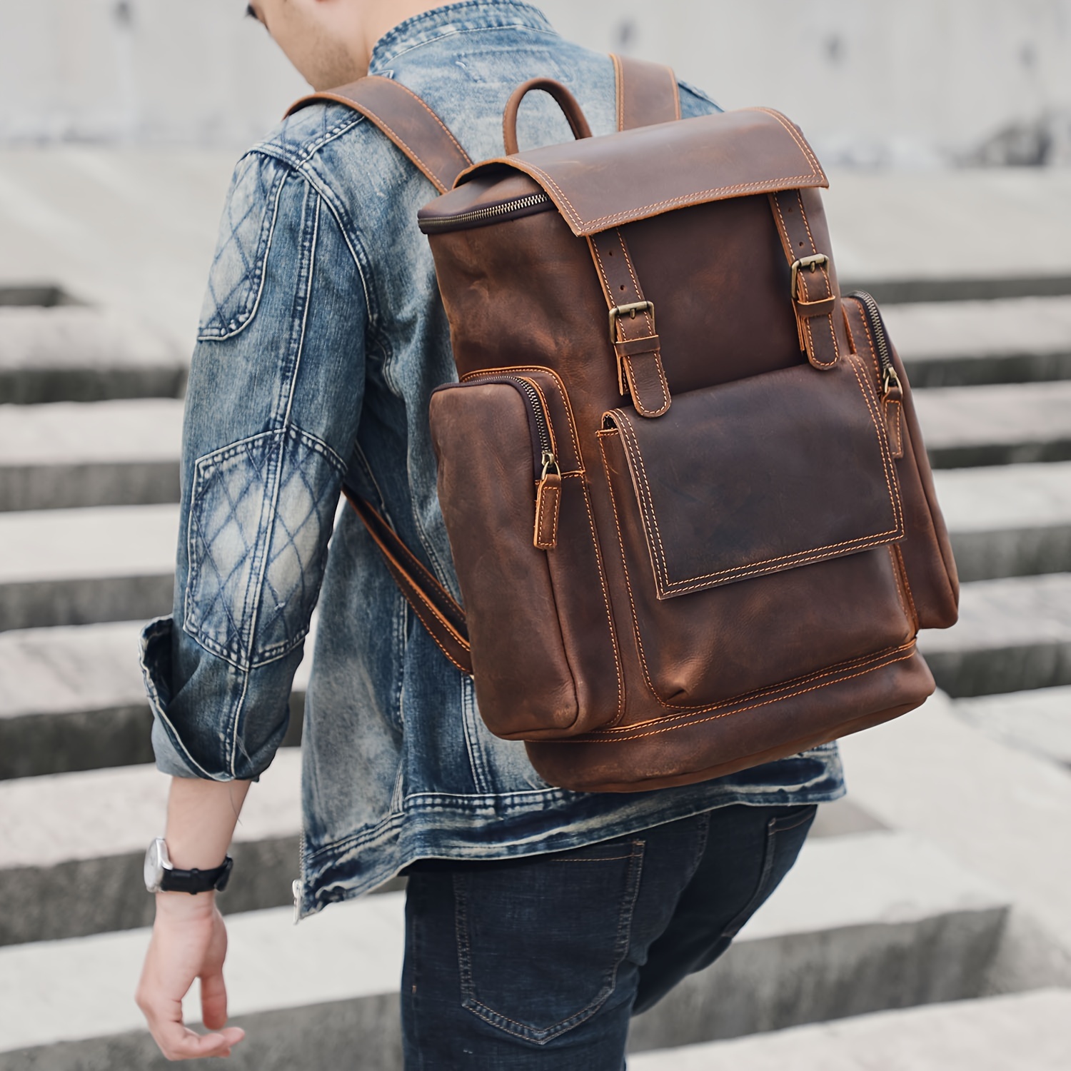 vintage mens genuine leather backpack large capacity Temu Germany