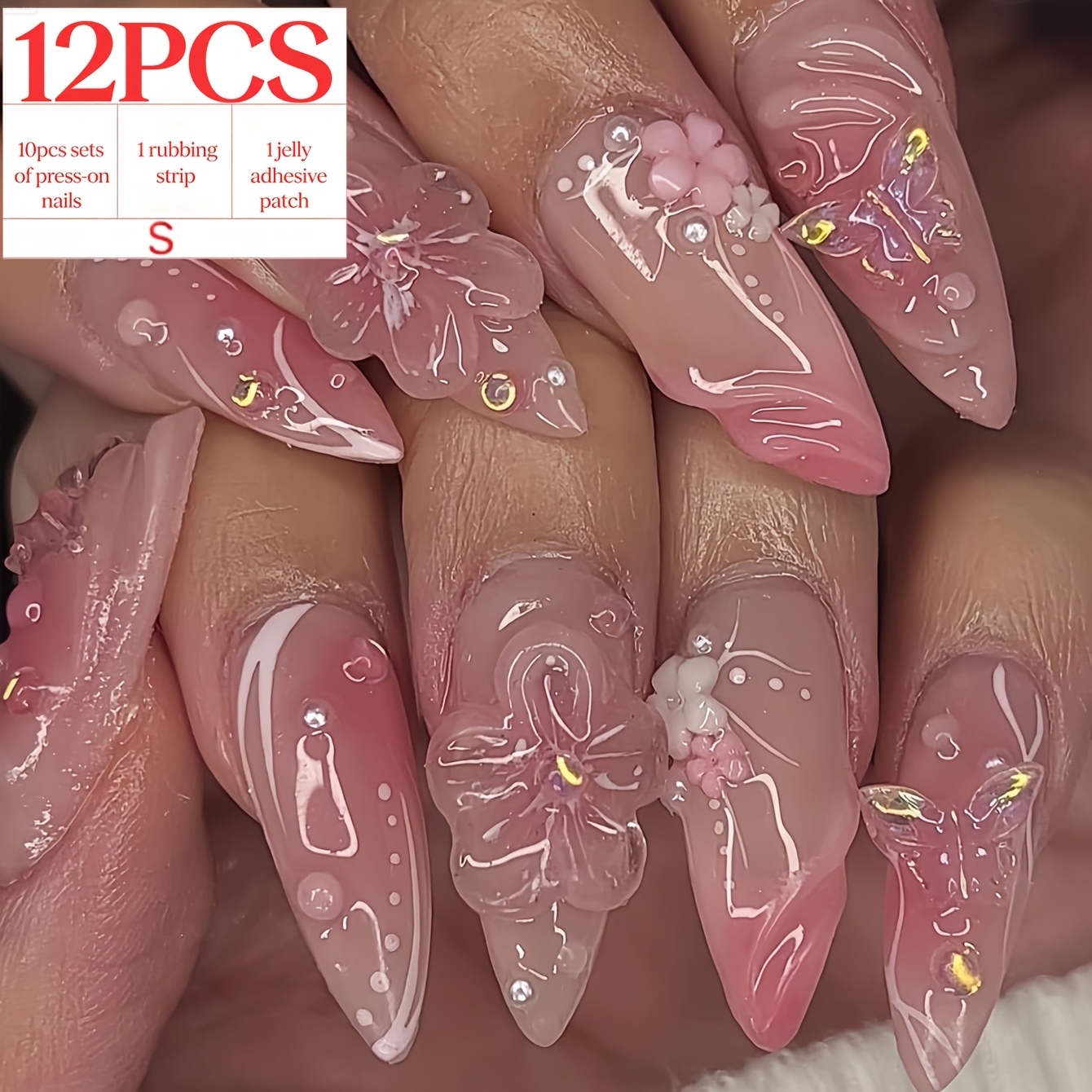 TEMU 12 pièces (10 pièces d'ongles à + 1 bâton de vernis + 1 pièce de patch adhésif en gelée) Ongles pressés à pointe de style français haut de gamme