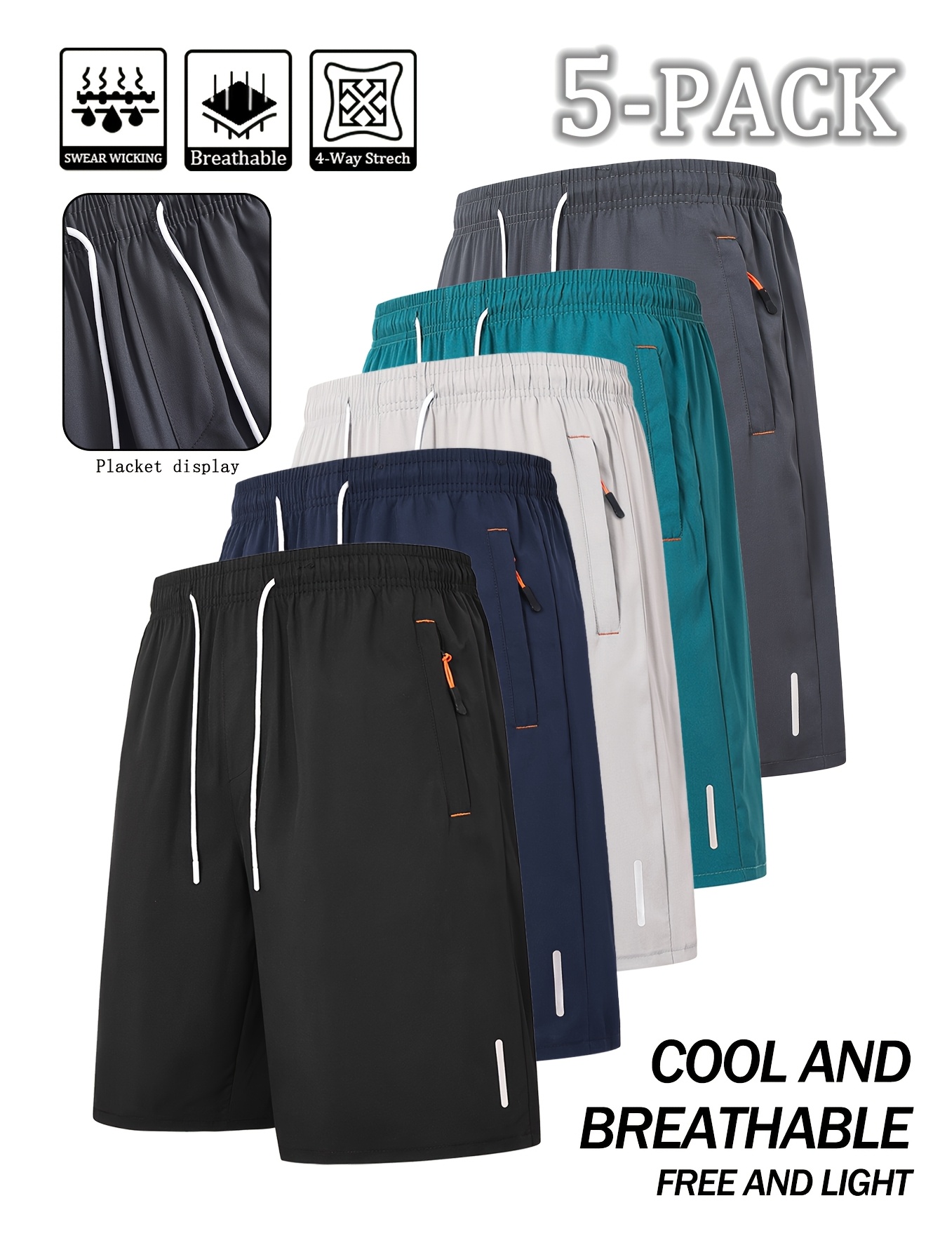 5pcs mens summer casual shorts with elastic waistband drawstring zipper pockets black white teal navy blue dark grey lightweight breathable for casual attire breathable shorts drawstring shorts stylish shorts