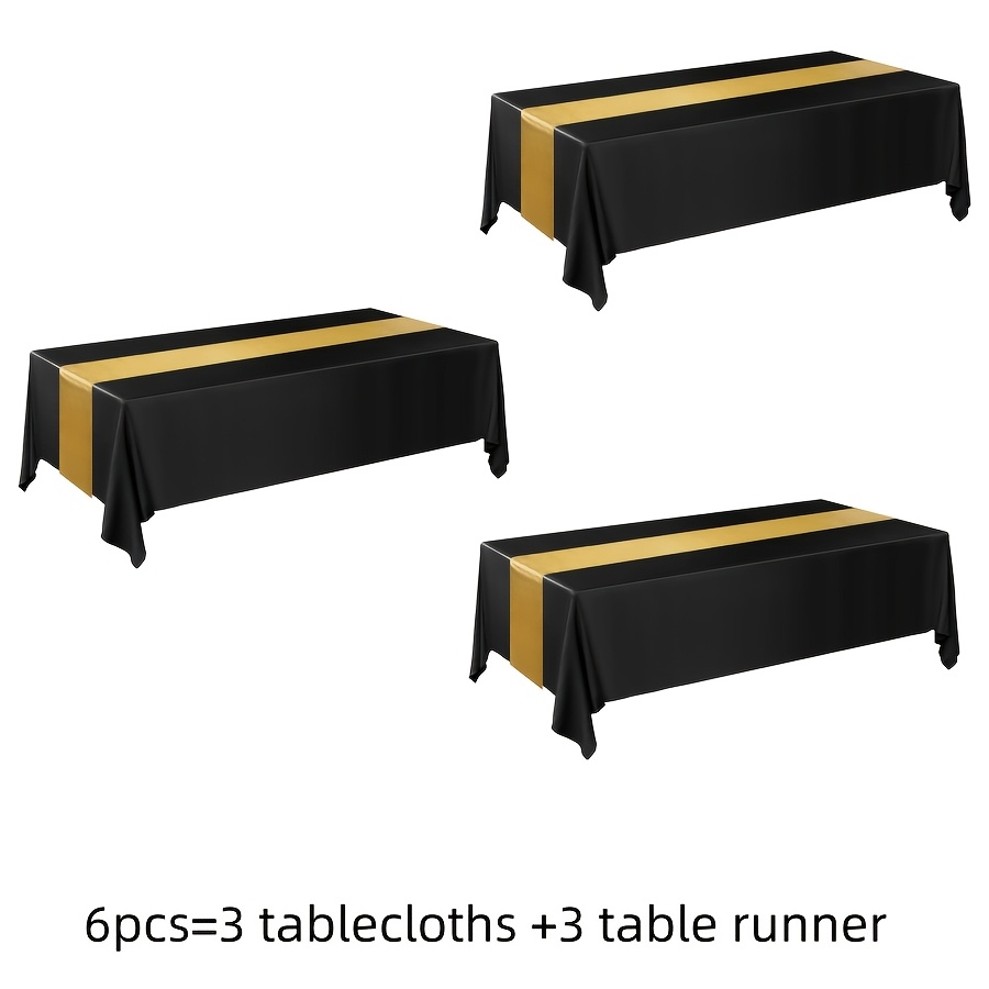 TEMU Halloween, Christmas, 2/6pcs Black And Golden Disposable Plastic Tablecloth And Satin Table Runner Set, 54 X 108 Inch Tablecloth, 12 X 108 Inch