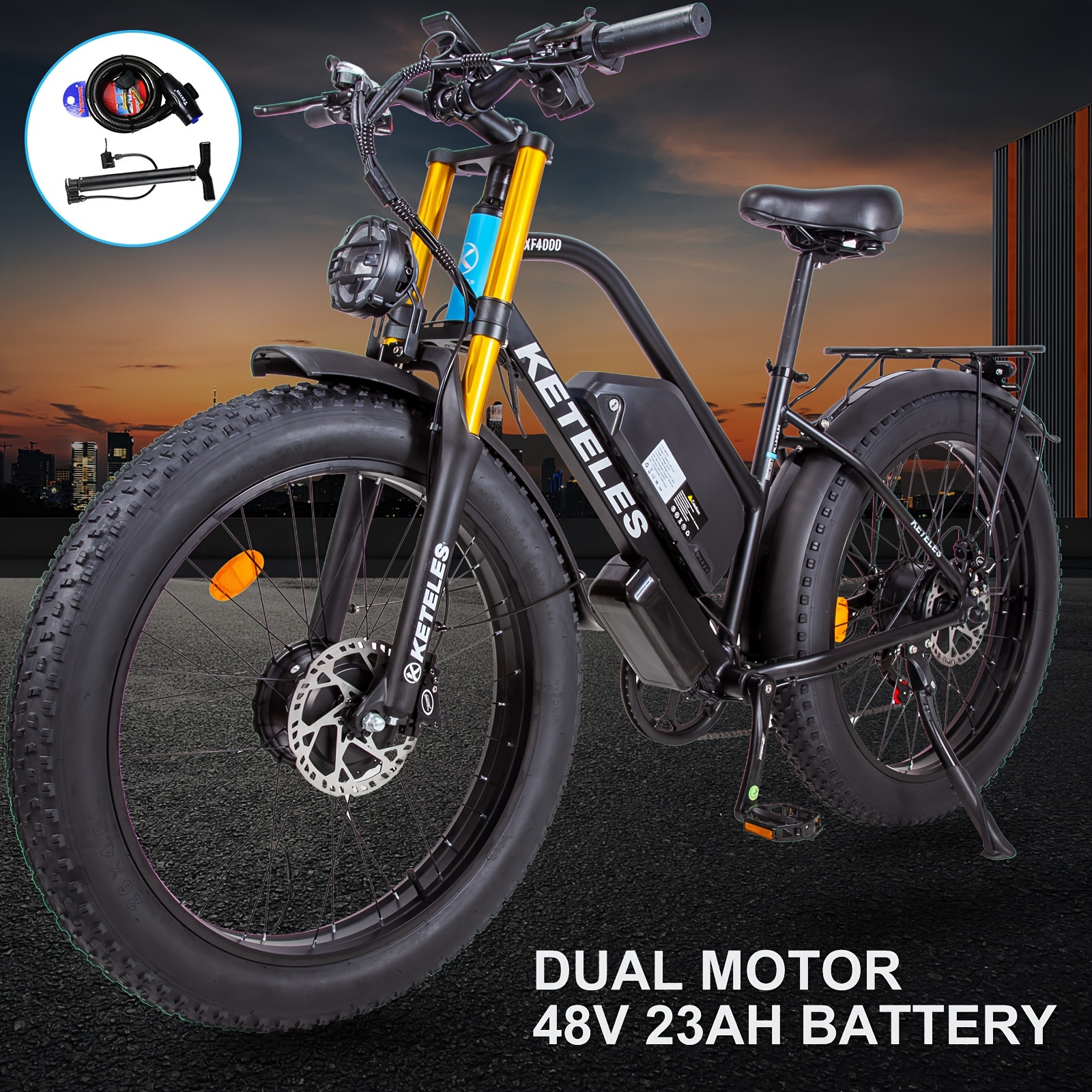 

Keteles Electric Bike For Adults, Dual Motor 26" Fat Tire Electric Bicycle Ebike, Electric Mountain Bicycle Commuter Snow Bike Ebikes E-bike With 48v 23ah Removable Battery