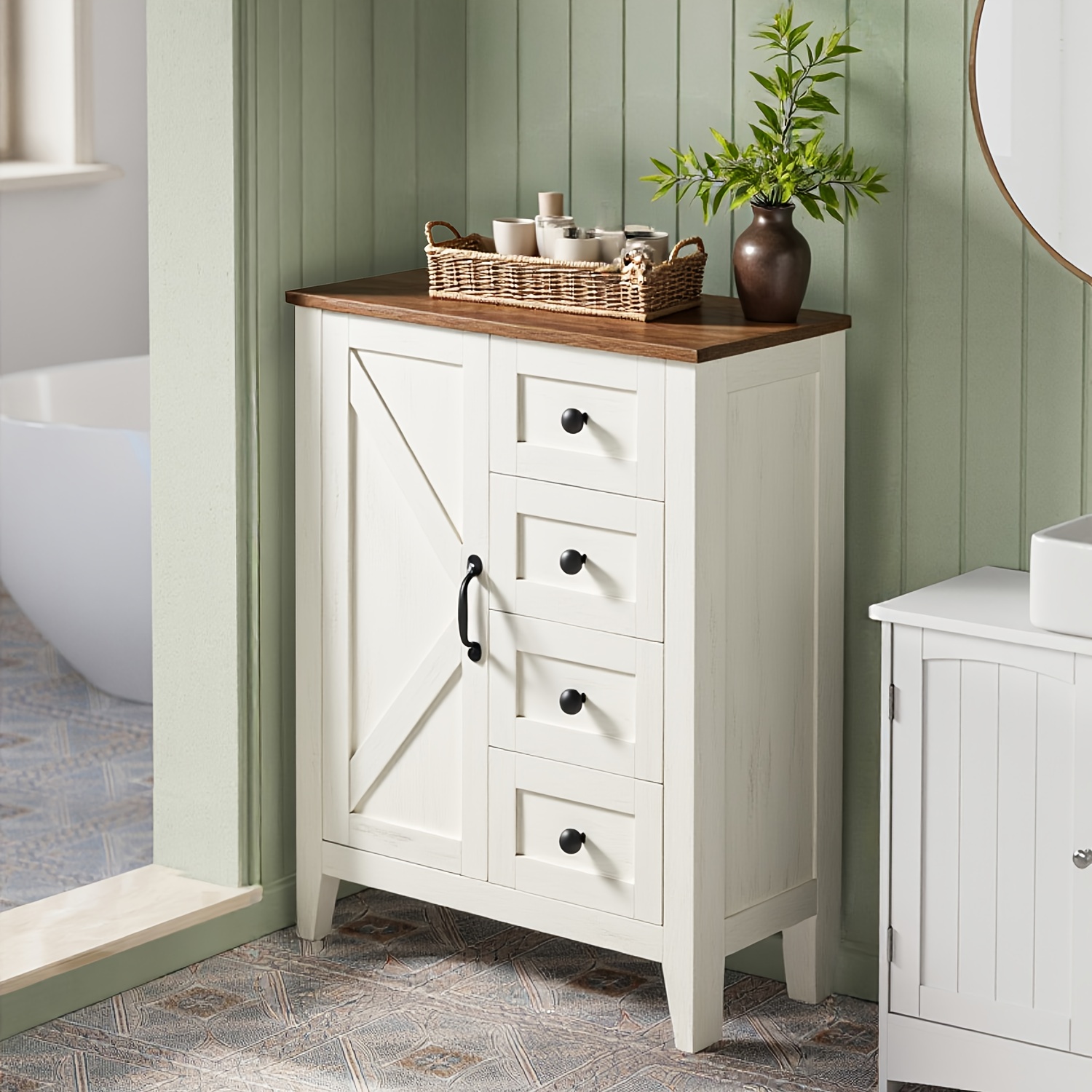 Image of Collection - Storage Cabinet, Bathroom Cabinet In Country Style, With 4 Drawers, Door, Freestanding Cabinet, Adjustable Shelves