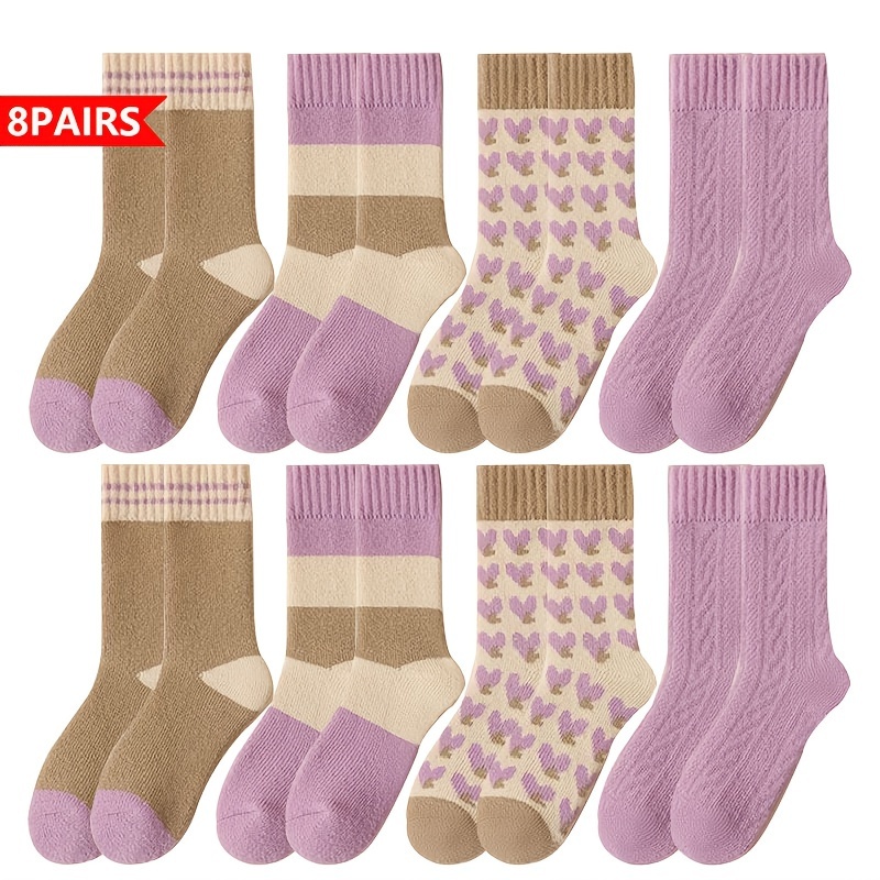 

8 Pairs Women's Winter Socks, Purple Warm Love Heart Pattern, Polyester & Spandex, Machine Washable, Geometric Knit Short Socks For Ladies