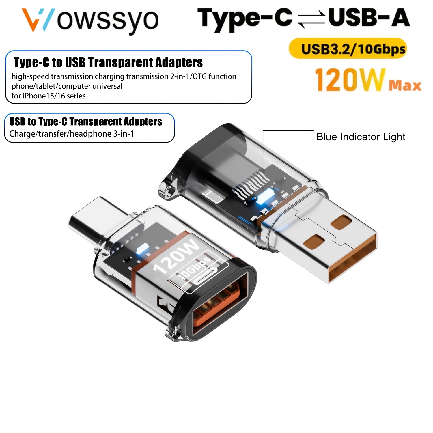 Image of Wowssyo Type-c Female To Usb Male Transparent Adapter 120w Fast Charging 10gb Transfer Data Support Type-c Headset, 120w Charging/transfer/headphone 3in1, Transfer File Transfer