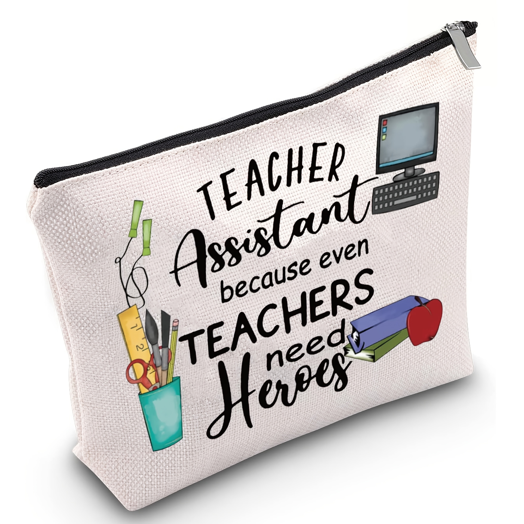 

1pc Linen Teacher Assistant Pencil Case - Unisex-adult Unscented Cosmetic Bag With Inspirational Quote - Teacher Appreciation Gift For Graduation