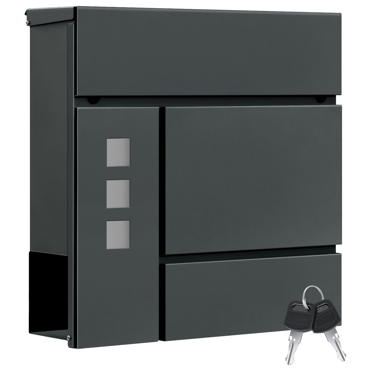 1pc Wall Letter Box, Letter Box With Newspaper Compartment Viewing Windows Hinged Lid, Letter Box Lockable With 2 Keys, , Charcoal/grey/black, 37 X 37 X 10.5cm