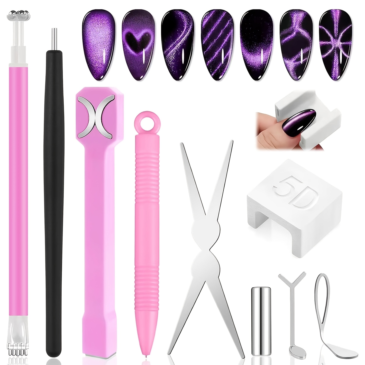 TEMU 9pcs Cat Eye Nail Art Pen Set With Y/o Cat Eye Stencils, Multi- Cat Eye Tools For Heart Ring Tip Cat Eye Nails, Beginner-friendly Nail Kit,