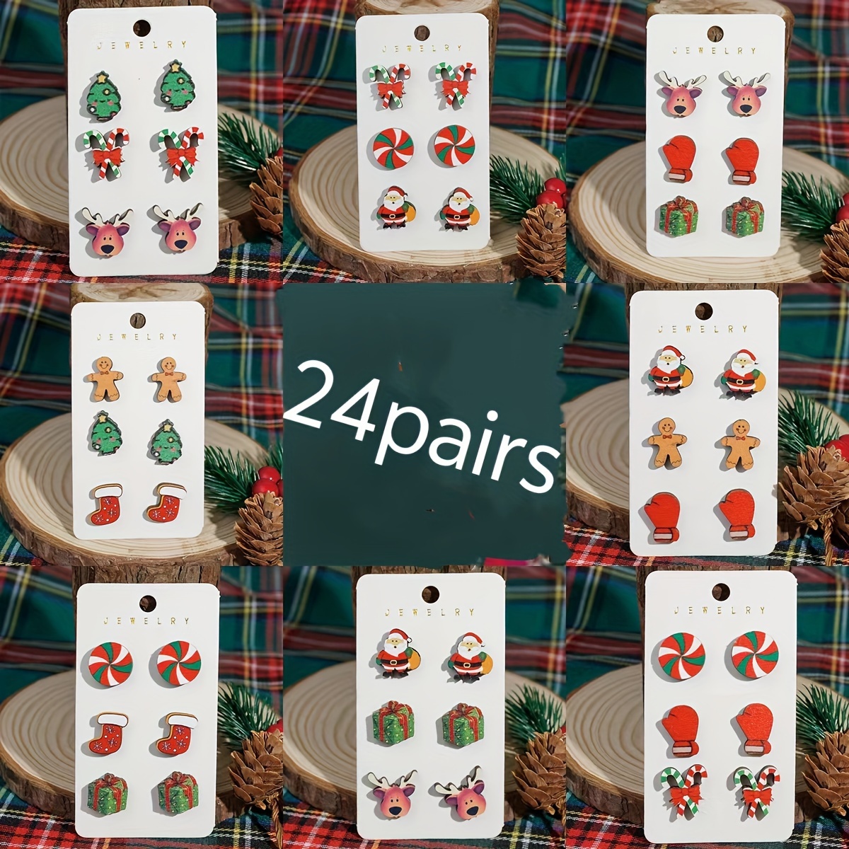 

24pairs (8sets) Of Christmas , Wooden Jewelry Christmas Tree Elk Female .