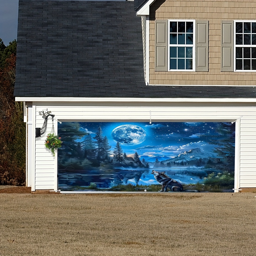 2D Flat - 1pc Wolf by Moon Lake Decorative Garage Door Cover - 2D Flat Printing, Polyester Outdoor Banner, Easy to Hang, Versatile for Any Festive or Themed Event, Festive Decoration|Majestic Landscape Decor|Durable Outdoor Fabric