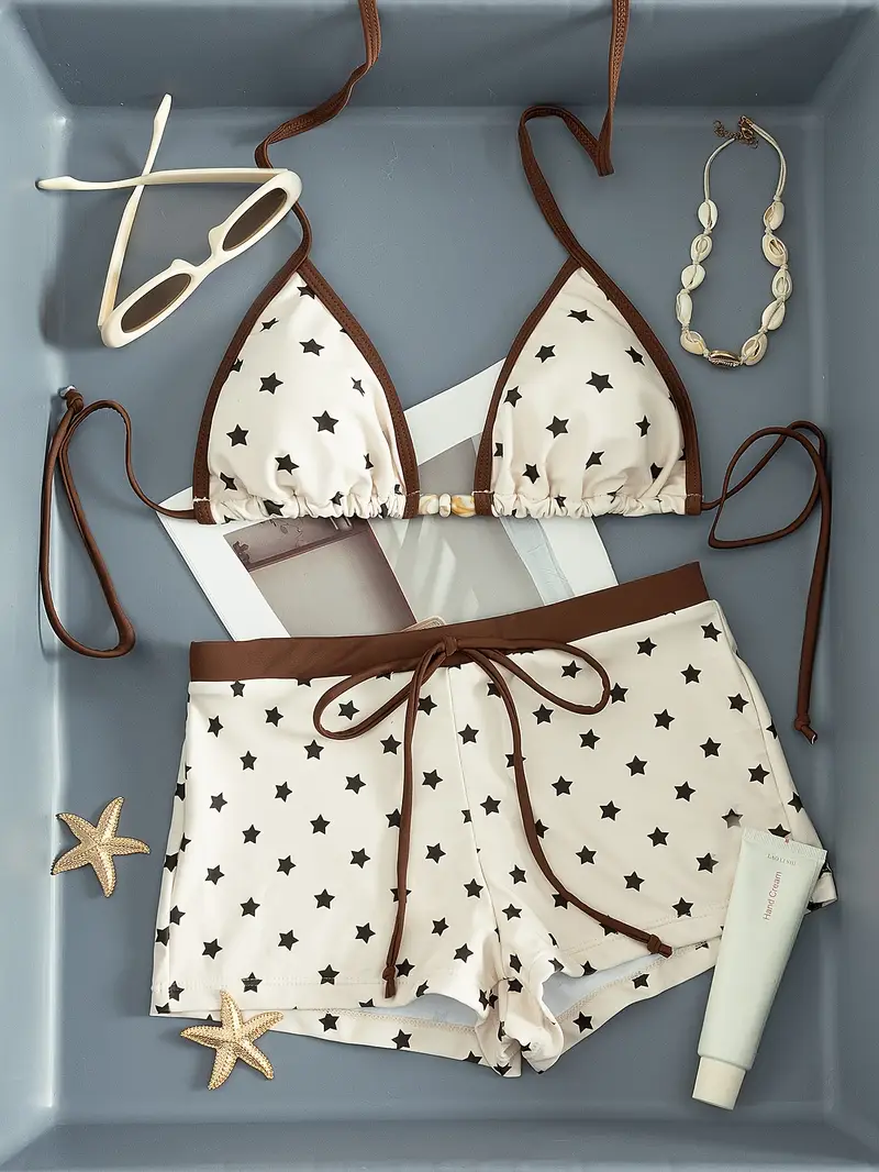 Womens Two Piece Bikini Set Cream Top Bead Detail