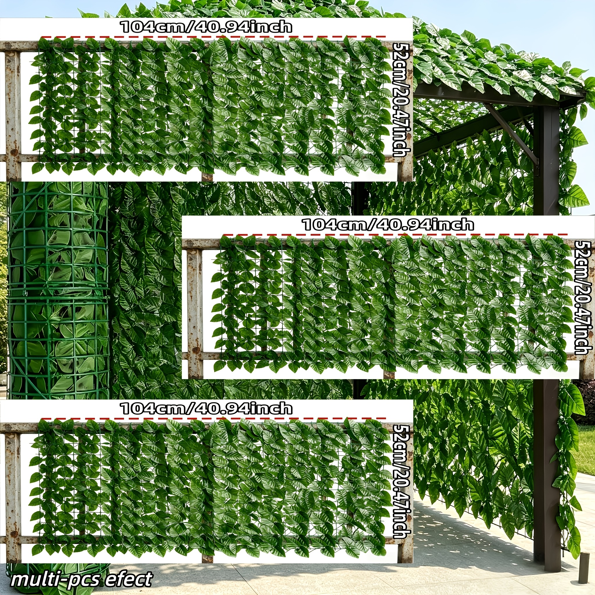 TEMU Valla de privacidad de hojas de artificiales, panel individual 104 cm × 52 cm, ensamblada 312 cm × 156 cm, valla de vegetación artificial para