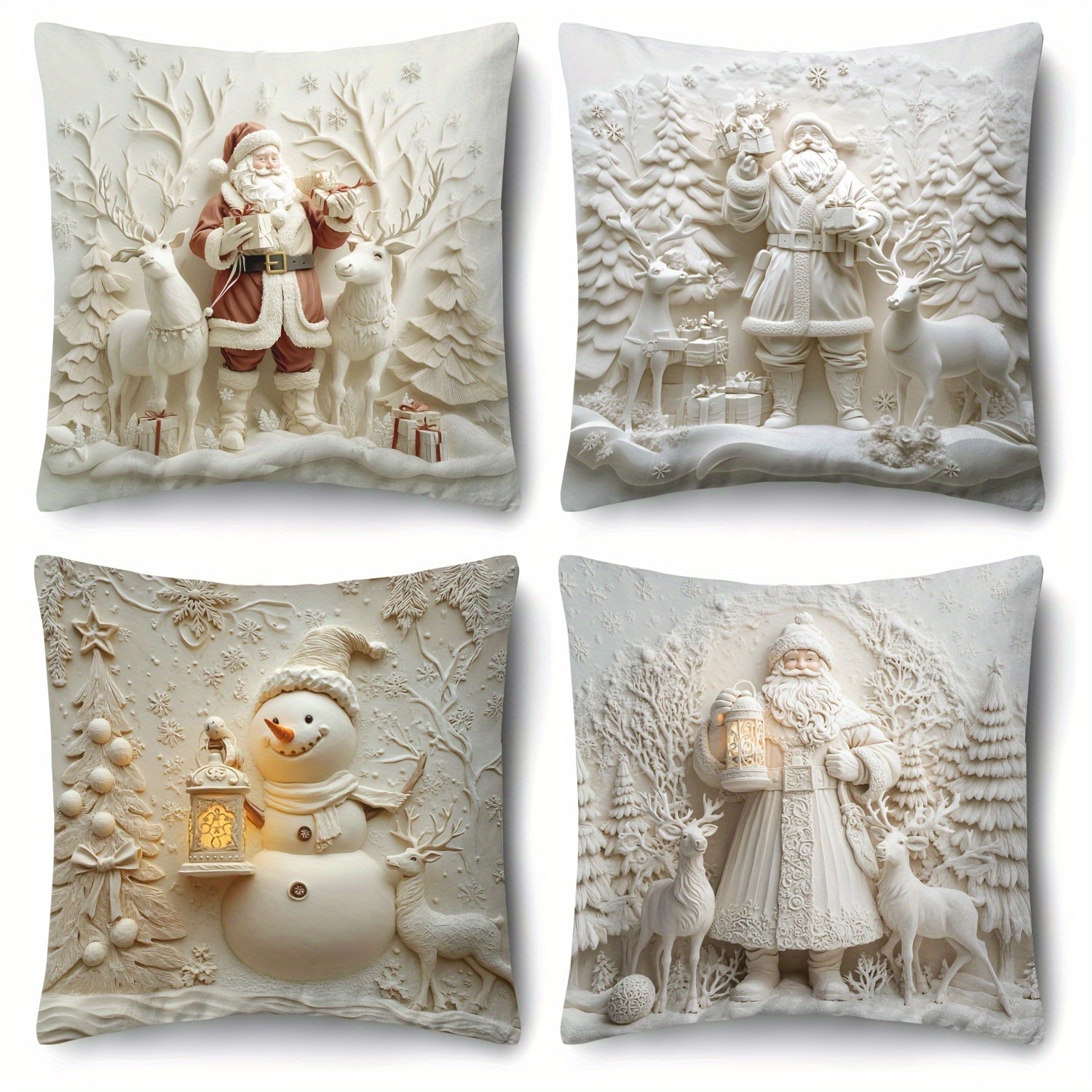 

4pcs Holiday Velvet Christmas Throw Pillow Covers, 3d Christmas Design With Santa Claus And Snowman, Zipper Polyester Cushion Cover, Suitable For Living Room Decoration, Machine Washable - Without