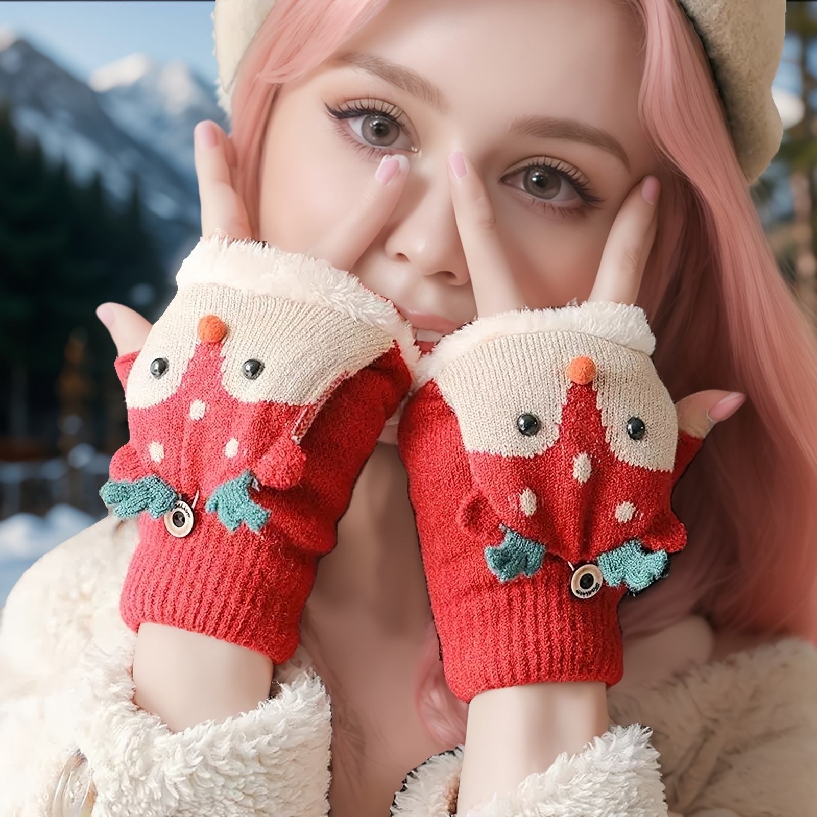 

Cozy & Cute Cartoon Fleece-lined Winter Gloves For Women - , Warm Half-finger Knit Mittens For Cycling And Outdoor Activities