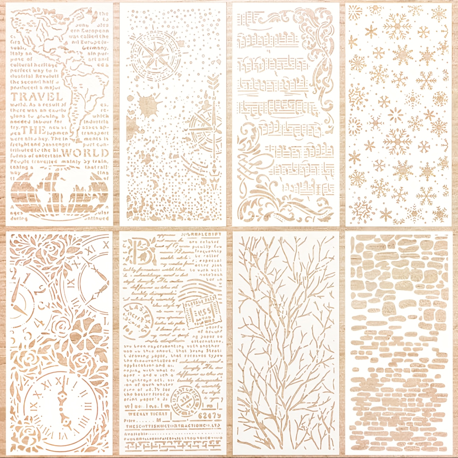 Image of 8pcs Vintage Collection Stencil Set, Purpose Plastic Reusable Stencils, Polyester, For Scrapbooking, Making Cards, Albums, Crafts, Music Symbols And Floral Designs