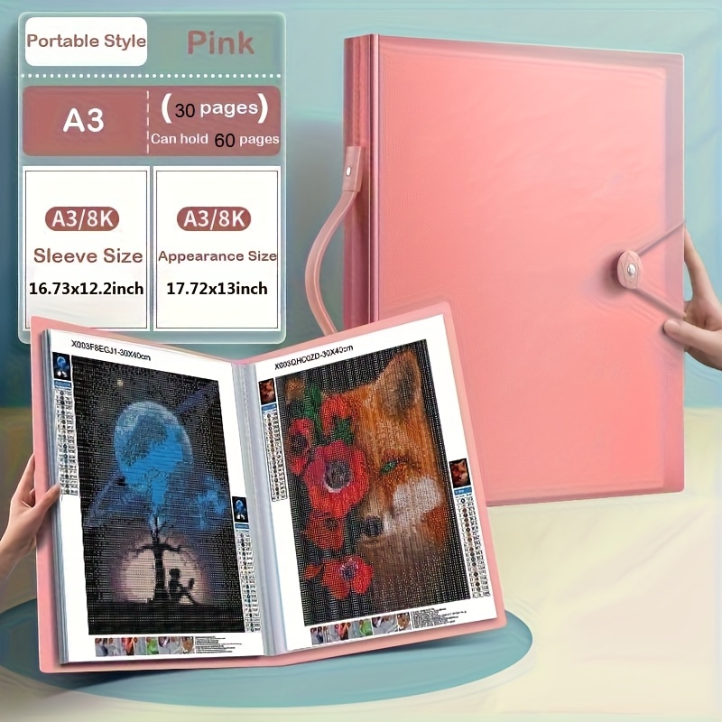 TEMU 1-pack Diamond Painting Storage Book - Large Capacity 30-page Album Holds 60 Artworks | A3 Size (43.94x33.27cm) Dustproof Pp Plastic With Handle