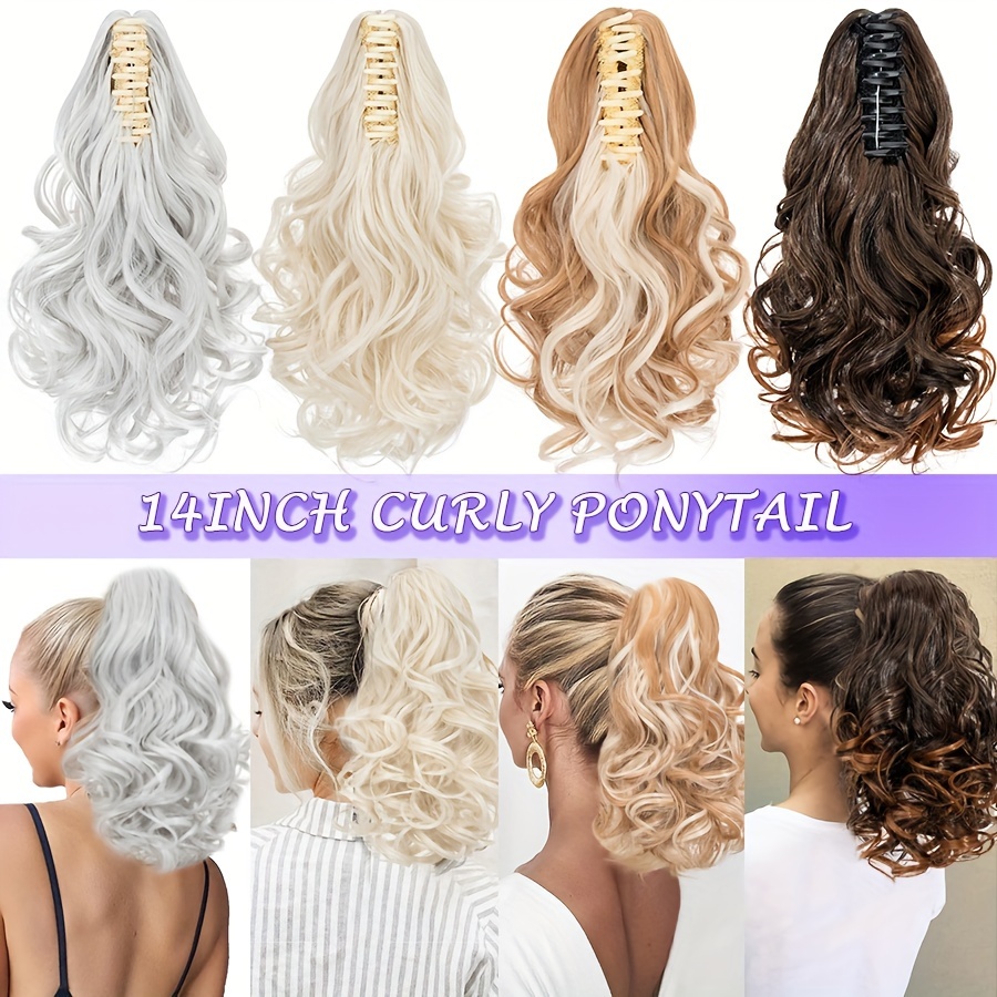 14inch 35cm claw ponytail extension short curly clip in hair extensions jaw pony tail thick wavy synthetic soft hairpiece   blonde for women natural looking highlights   daily halloween party use details 2