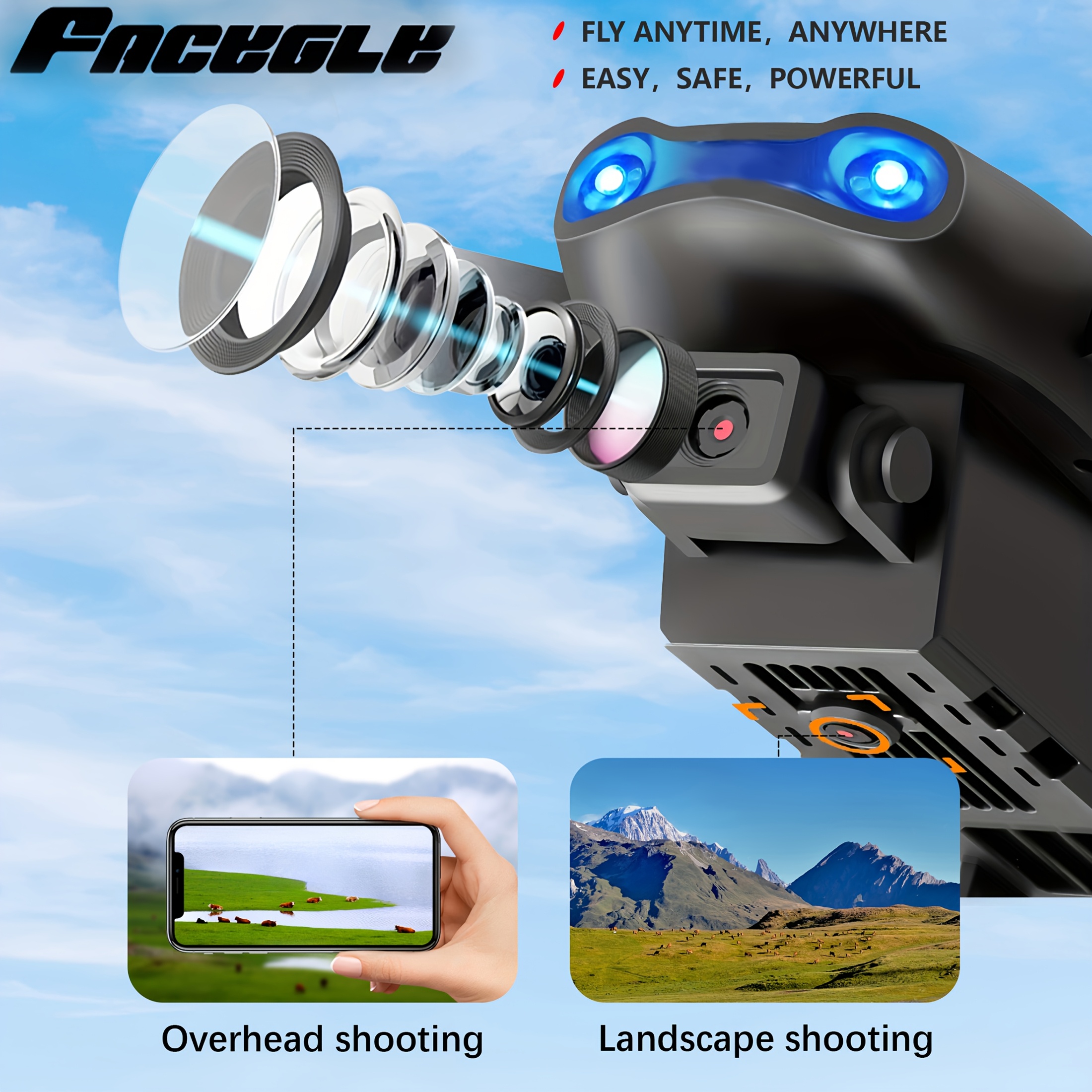 FACEGLE E99 Lekki Dron z Inteligentnym Hoverem, Zdalnie Sterowany, Podwójna Kamera, Quadcopter, Obsługa Wi-Fi, Bateria Litowa 500mAh, Niedrogi, dla Początkujących, Prezent na Boże Narodzenie, Halloween, Dron Dji, Dron z em do Ładowania, Mini Dron