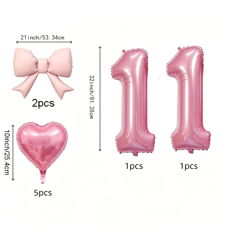 TEMU 9pcs 11-year-old Anniversary Party Balloons 32-inch Pink Number Foil Balloons Foil Balloons Bow Foil Balloon Set Camping Party Decoration
