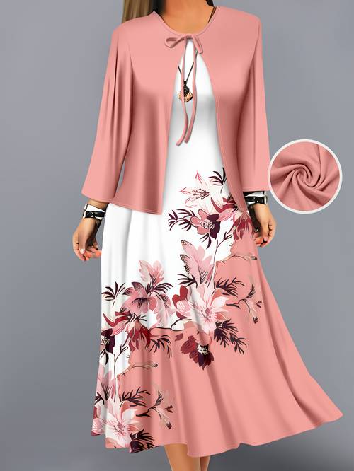 fashion womens solid color small cardigan and floral print dress two piece set