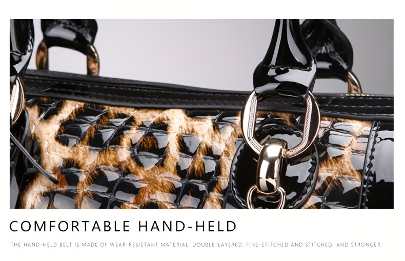 luxury genuine faux leather womens handbag spacious stylish with adjustable strap animal print design zip closure details 14