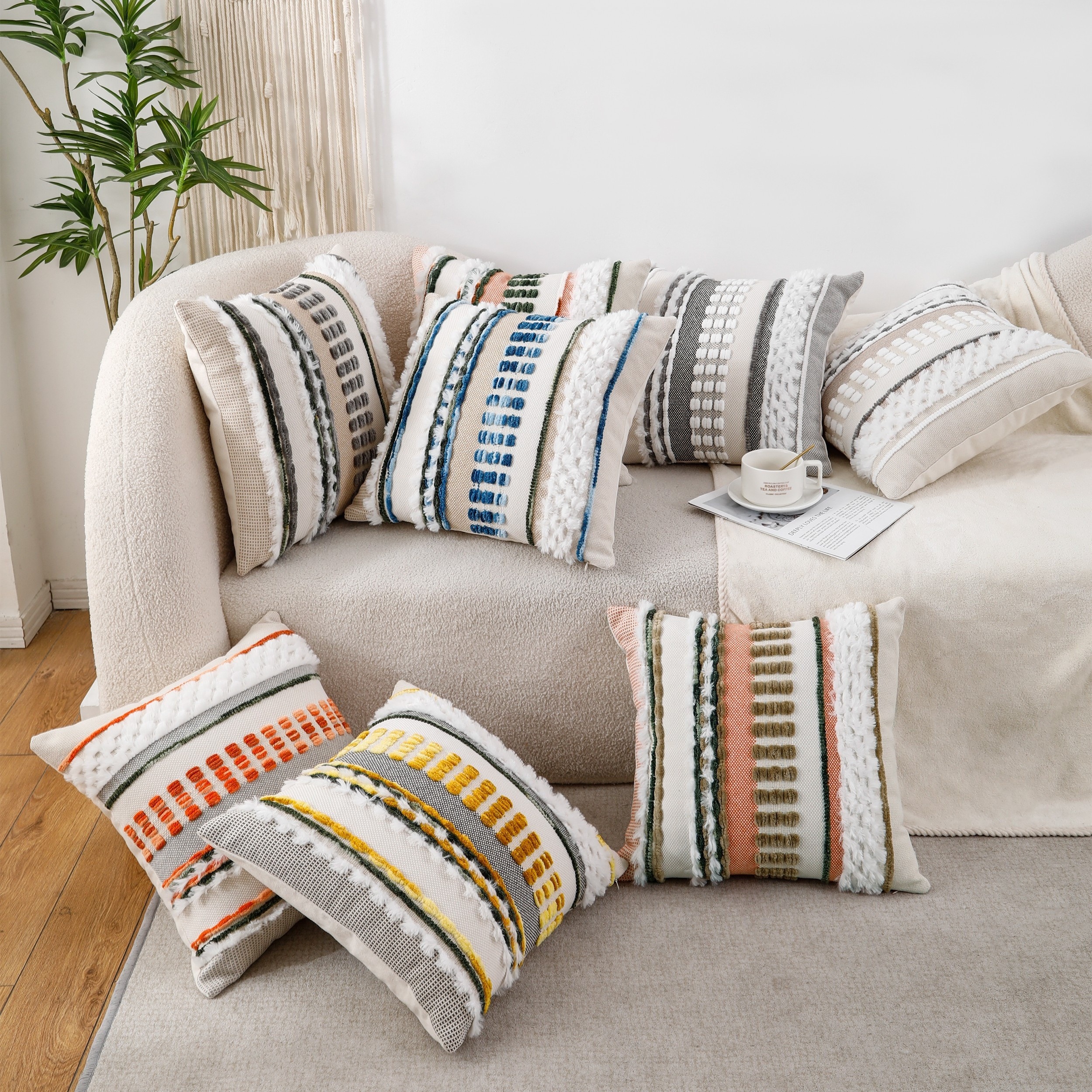 

1pc, Chenille Throw Pillow Cover, Chunky Striped Plush Jacquard