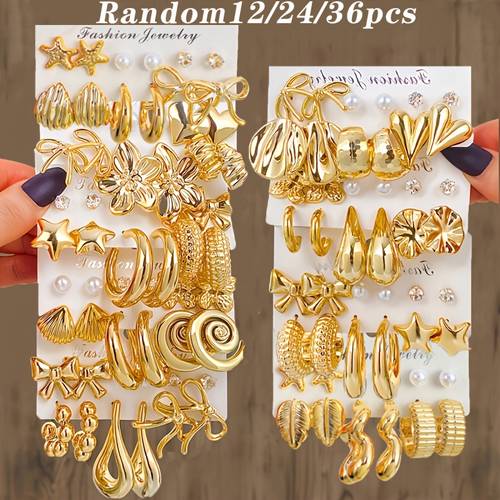 item picture random 12 24 36pcs set of three dimensional ultra earrings with exaggerated designs including bows hearts swirls teardrop shapes spheres butterflies five pointed stars for and artificial